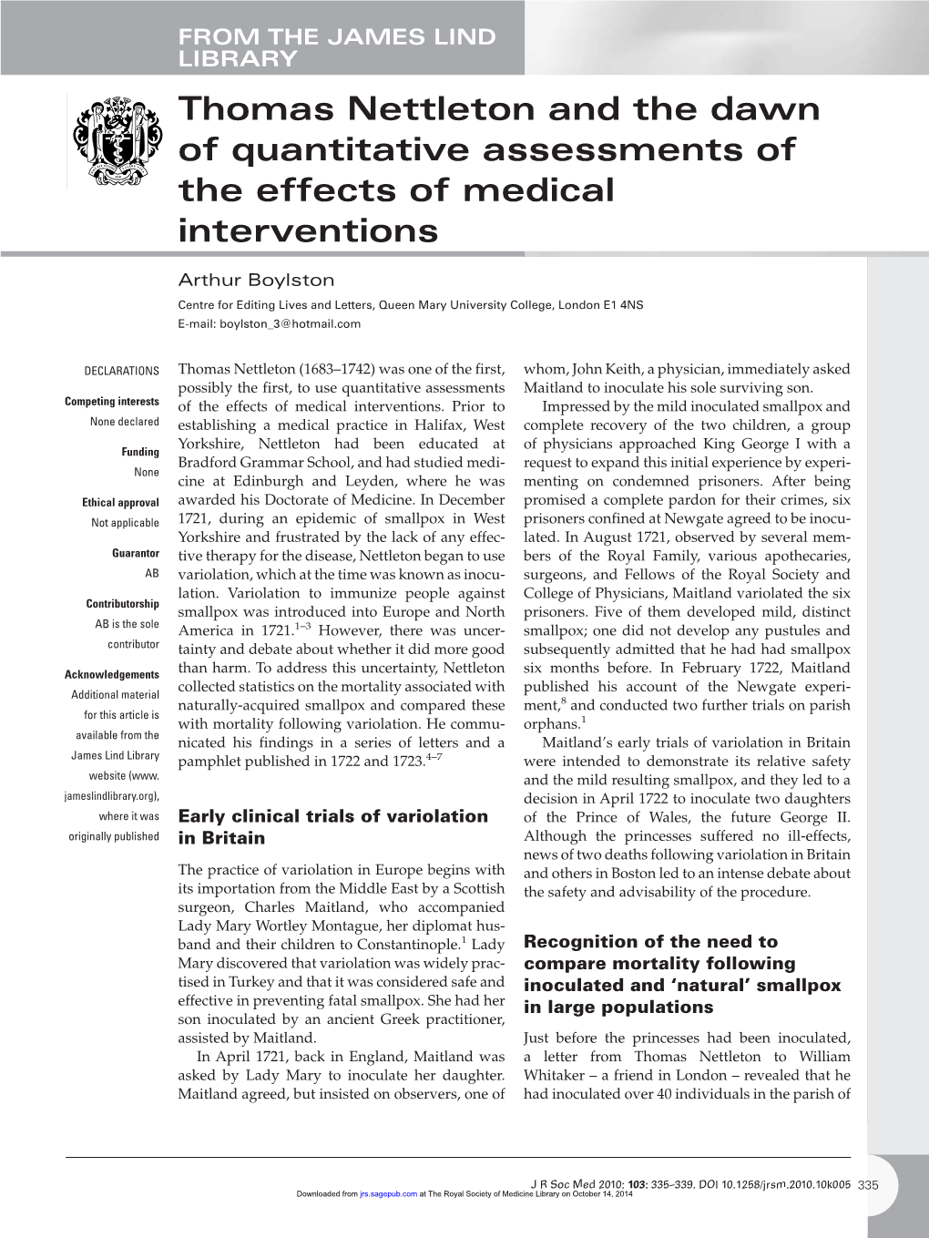 Thomas Nettleton and the Dawn of Quantitative Assessments of the Effects of Medical Interventions