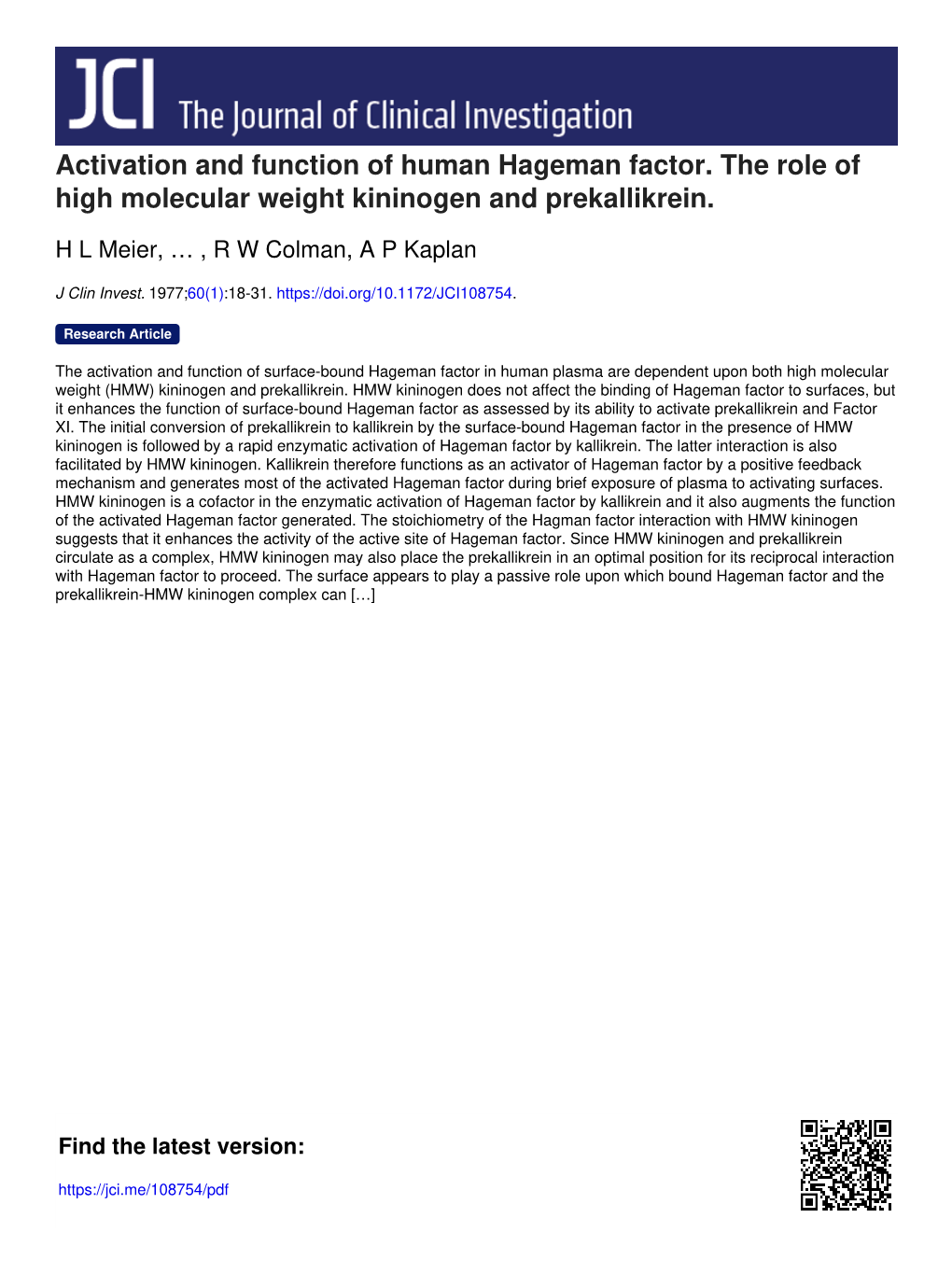 Activation and Function of Human Hageman Factor. the Role of High Molecular Weight Kininogen and Prekallikrein