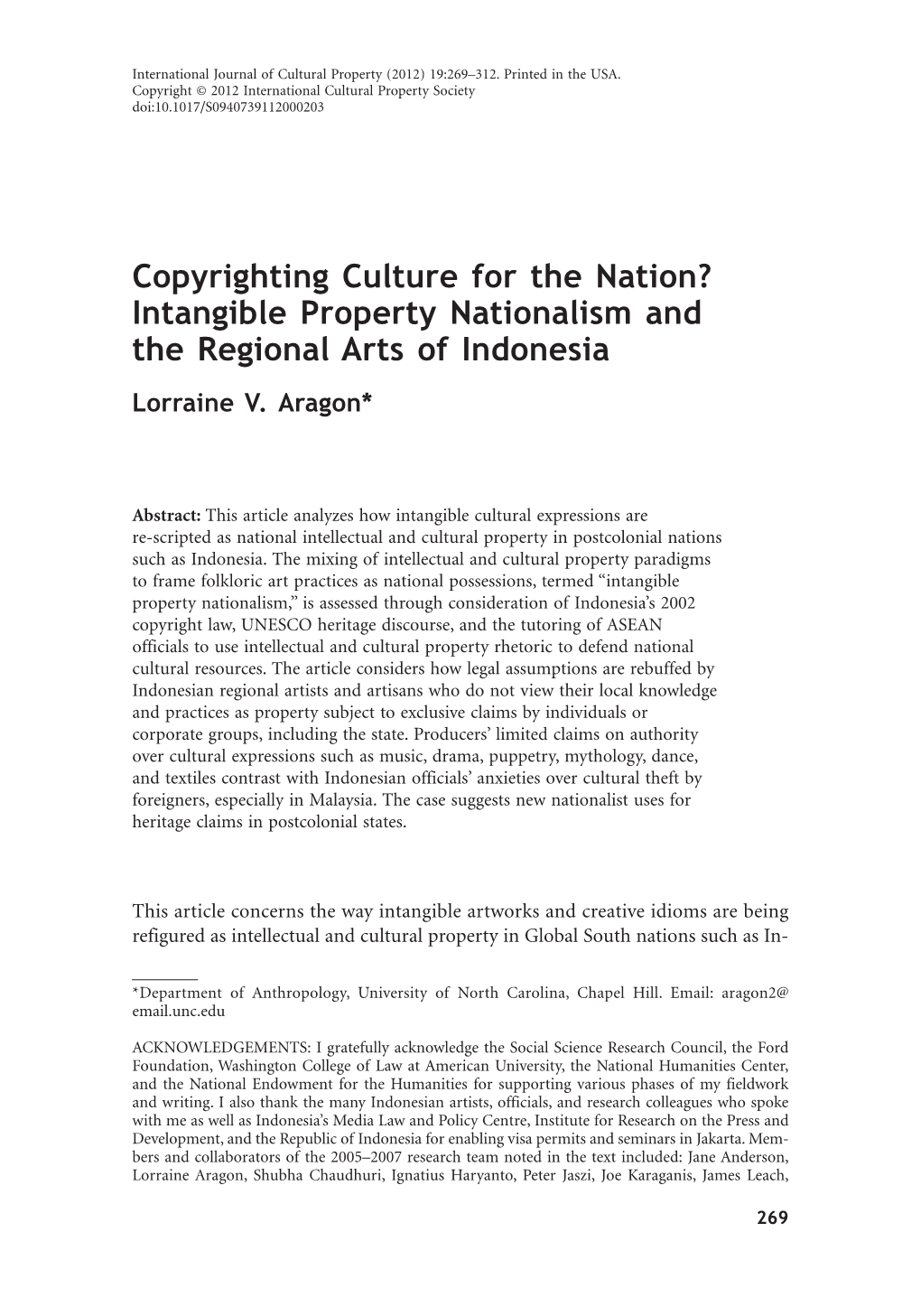 Intangible Property Nationalism and the Regional Arts of Indonesia Lorraine V