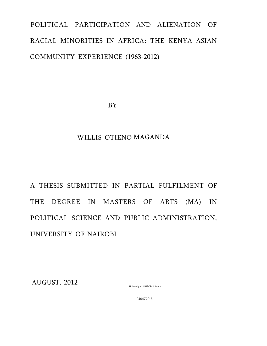 Political Participation and Alienation of Racial Minorities in Africa: the Kenya Asiai