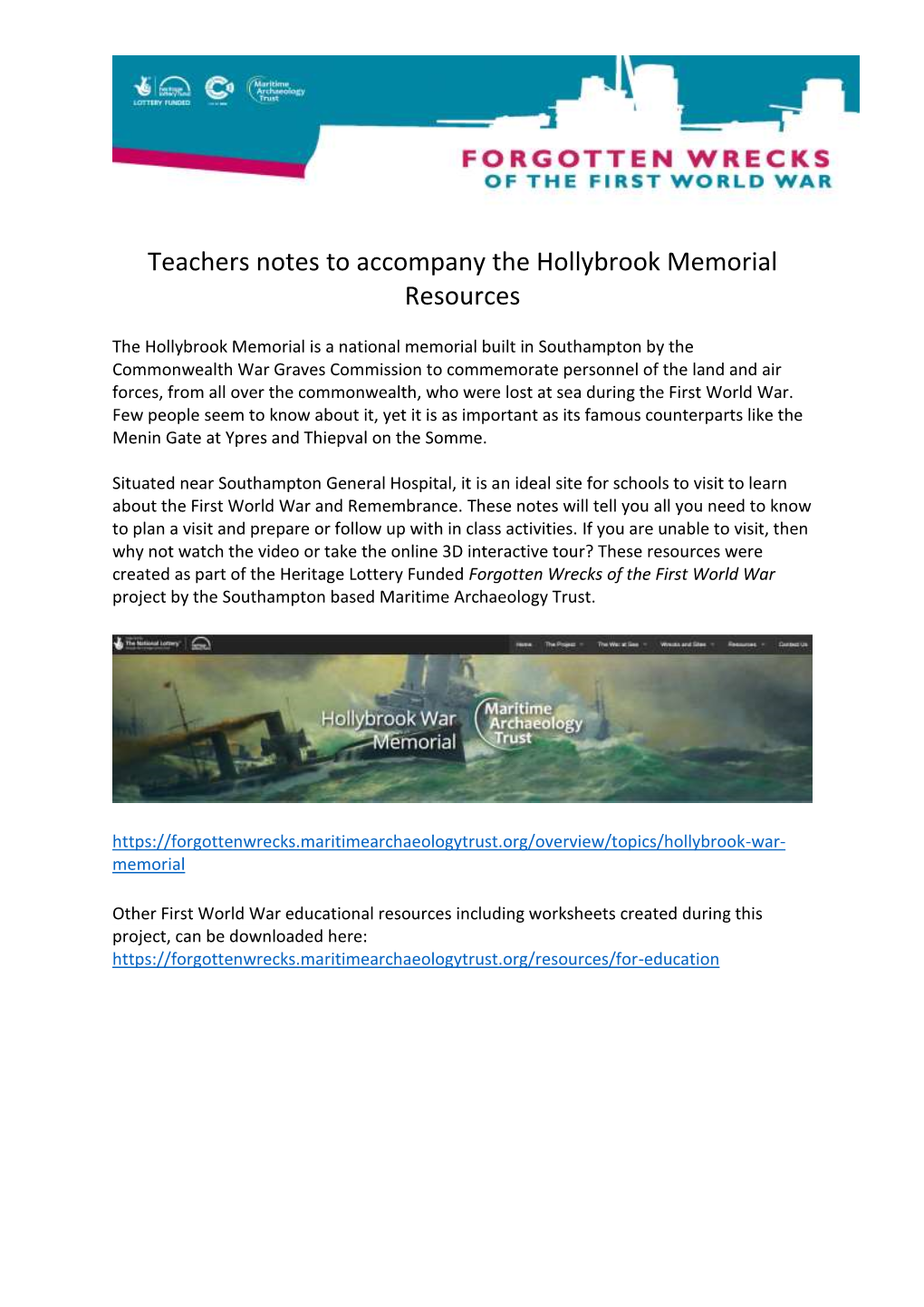 Teachers Notes to Accompany the Hollybrook Memorial Resources