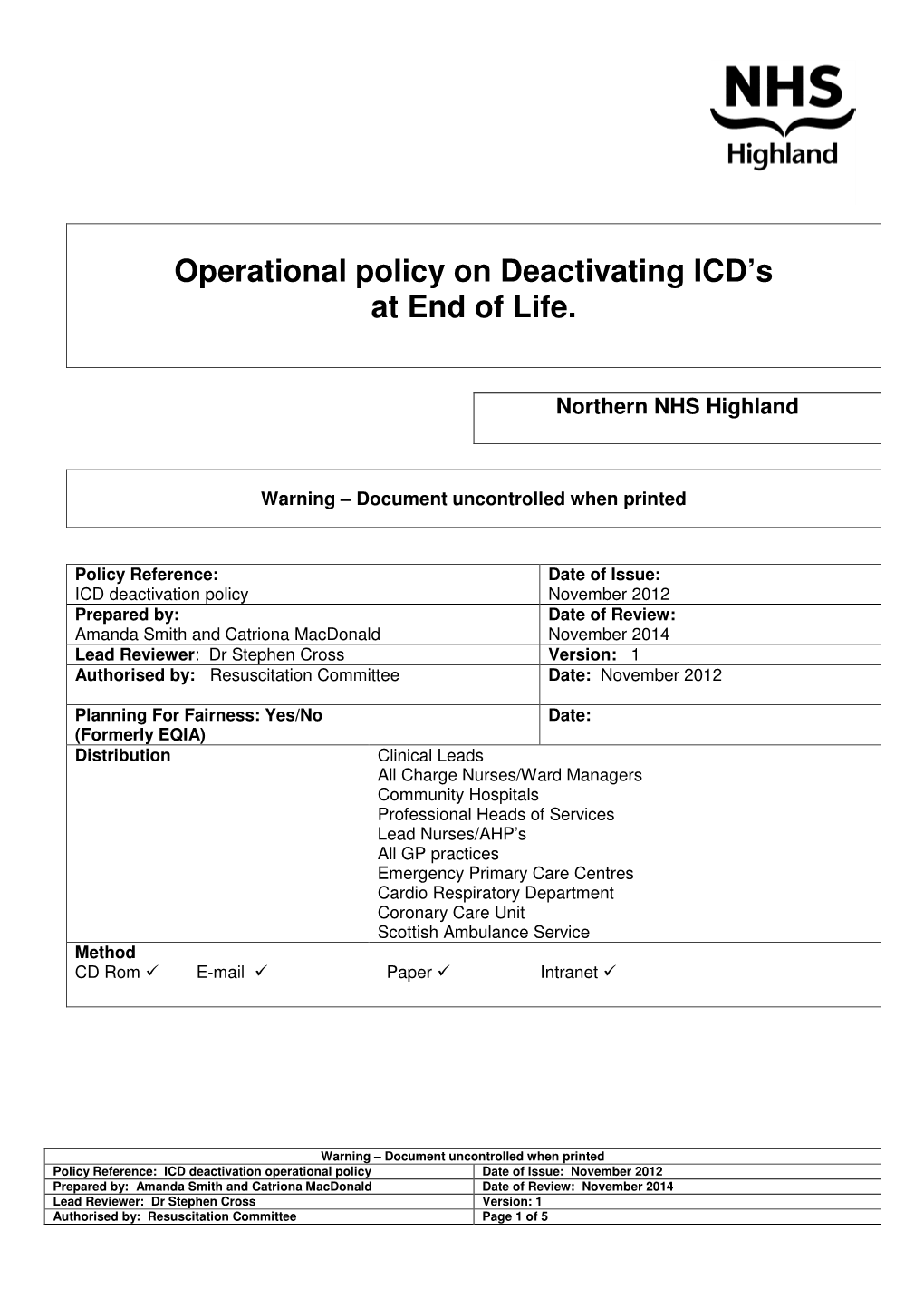 NHS Highland Operational Policy on Deactivating ICD's at End of Life