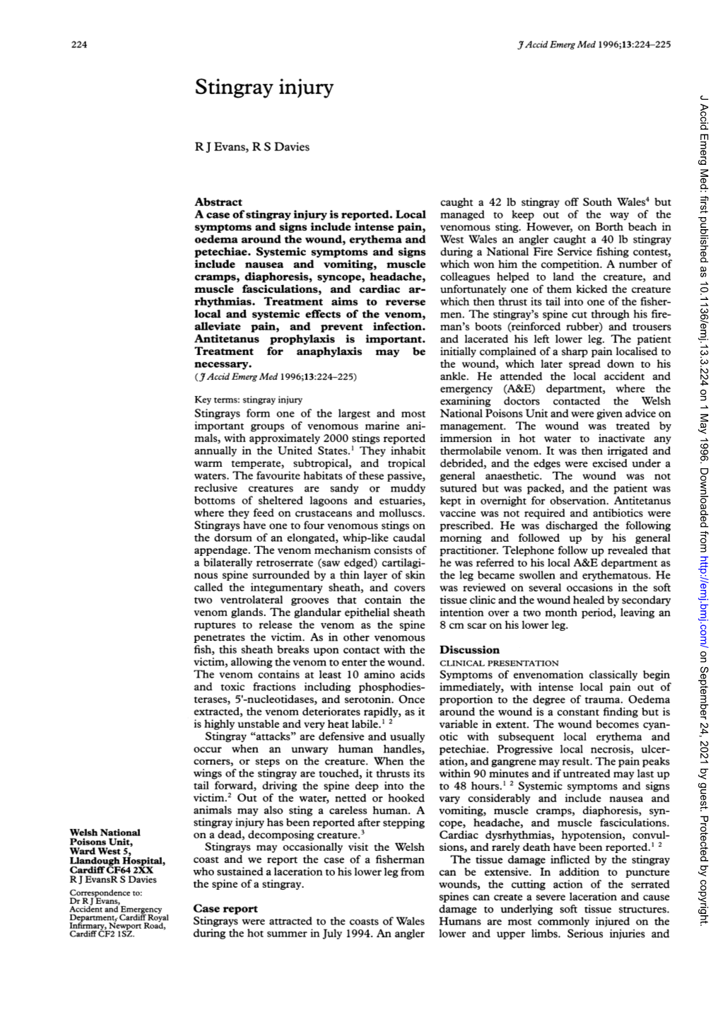 Stingray Injury J Accid Emerg Med: First Published As 10.1136/Emj.13.3.224 on 1 May 1996