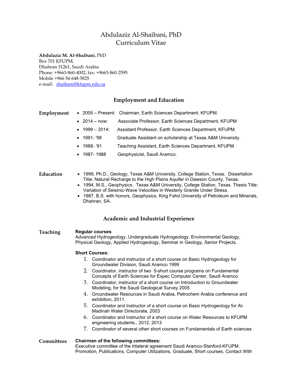 Abdulaziz Al-Shaibani, Phd Curriculum Vitae