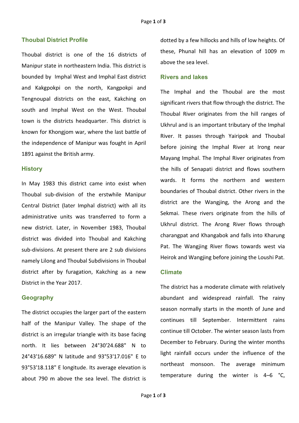 Thoubal District Profile Thoubal District Is One of the 16 Districts of Manipur