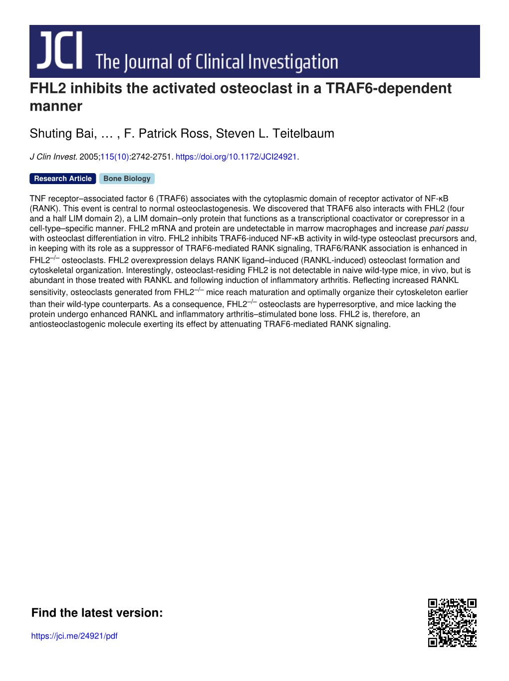 FHL2 Inhibits the Activated Osteoclast in a TRAF6-Dependent Manner