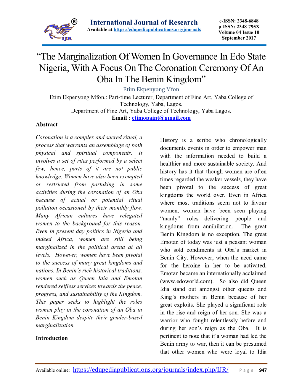 “The Marginalization of Women in Governance in Edo State Nigeria