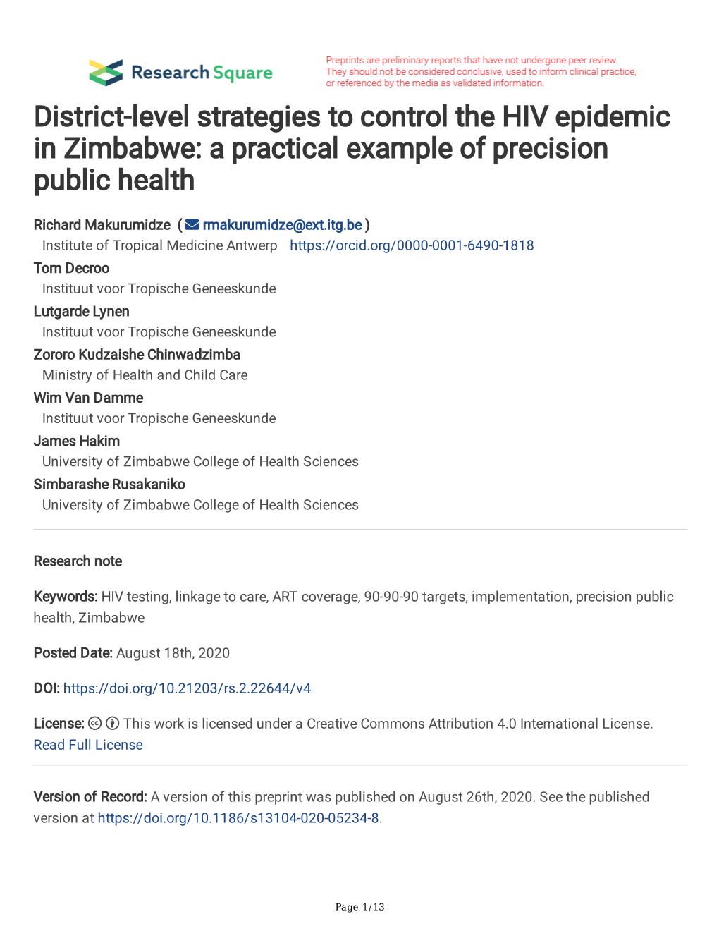 District-Level Strategies to Control the HIV Epidemic in Zimbabwe: a Practical Example of Precision Public Health