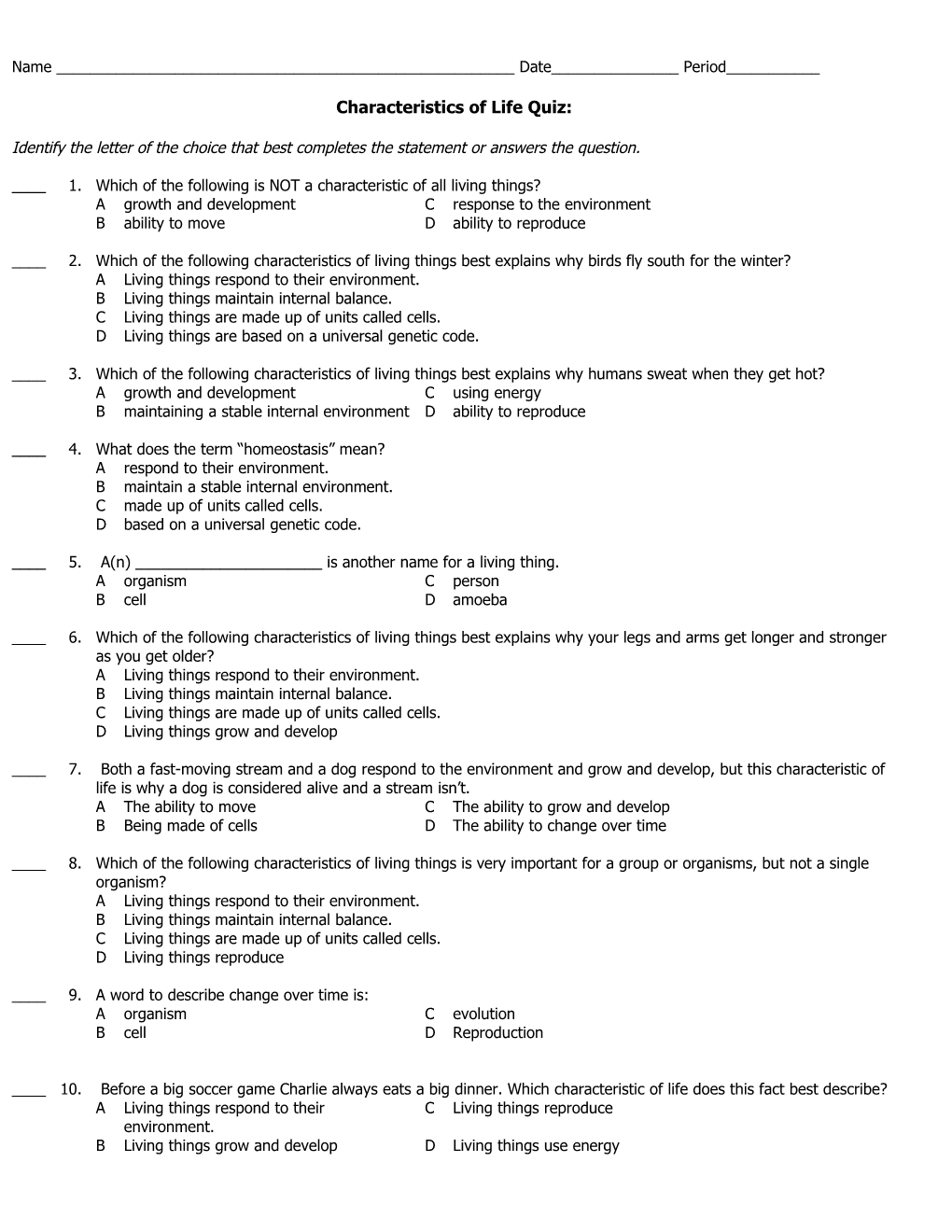 Characteristics of Life Quiz