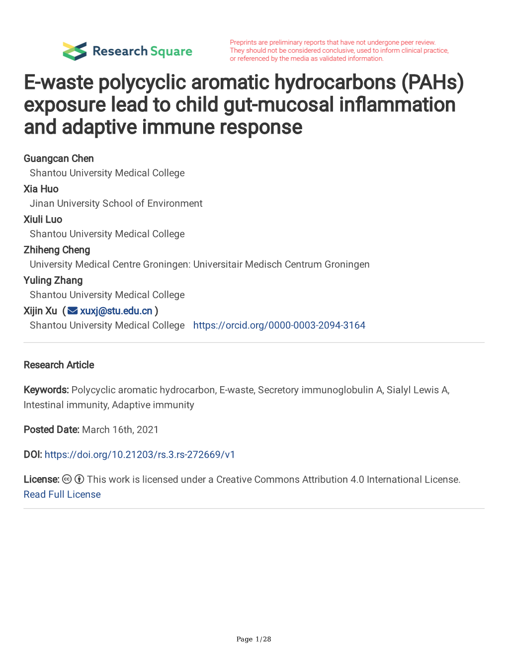 E-Waste Polycyclic Aromatic Hydrocarbons (Pahs) Exposure Lead to Child Gut-Mucosal Infammation and Adaptive Immune Response
