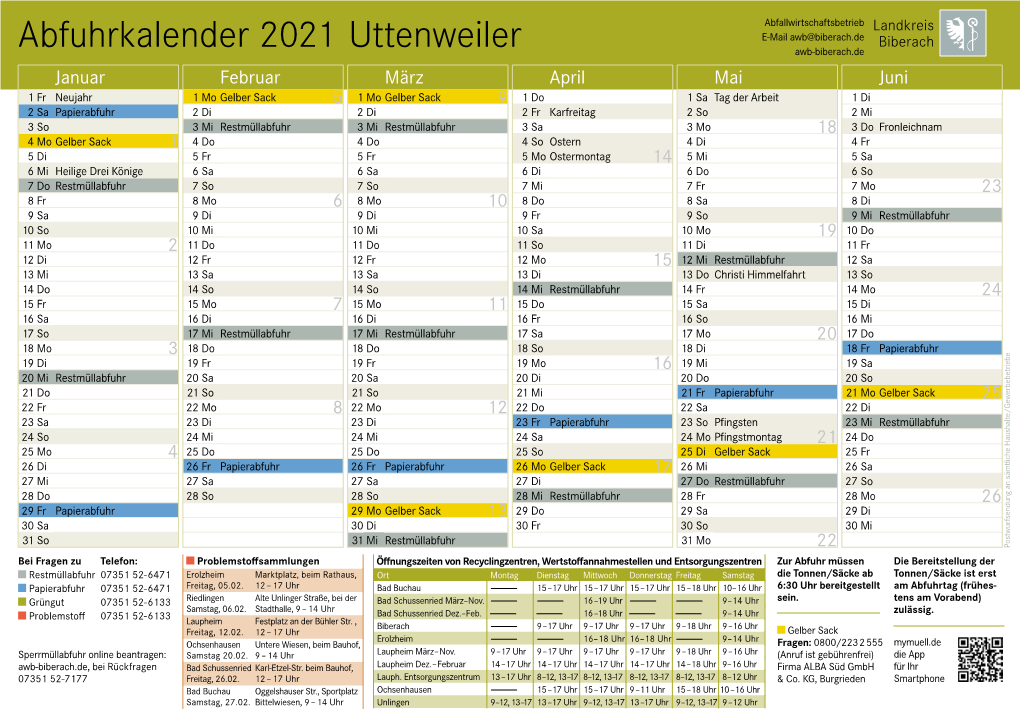 Abfuhrkalender 2021 Uttenweiler