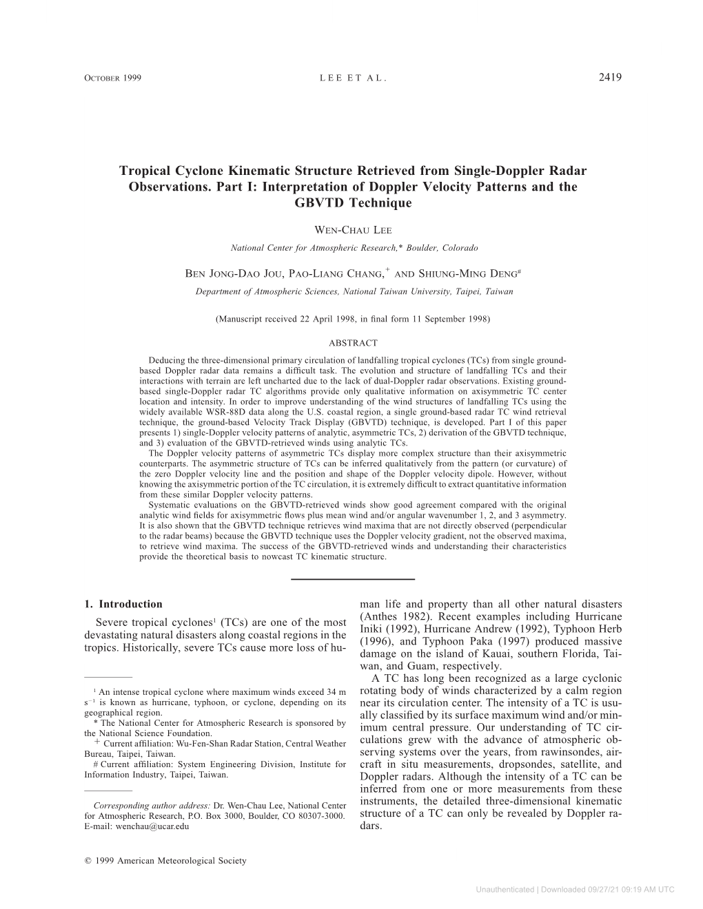 Tropical Cyclone Kinematic Structure Retrieved from Single-Doppler Radar Observations