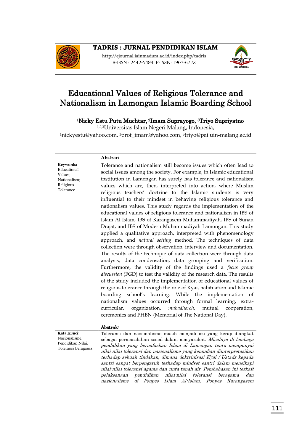 Educational Values of Religious Tolerance and Nationalism in Lamongan Islamic Boarding School