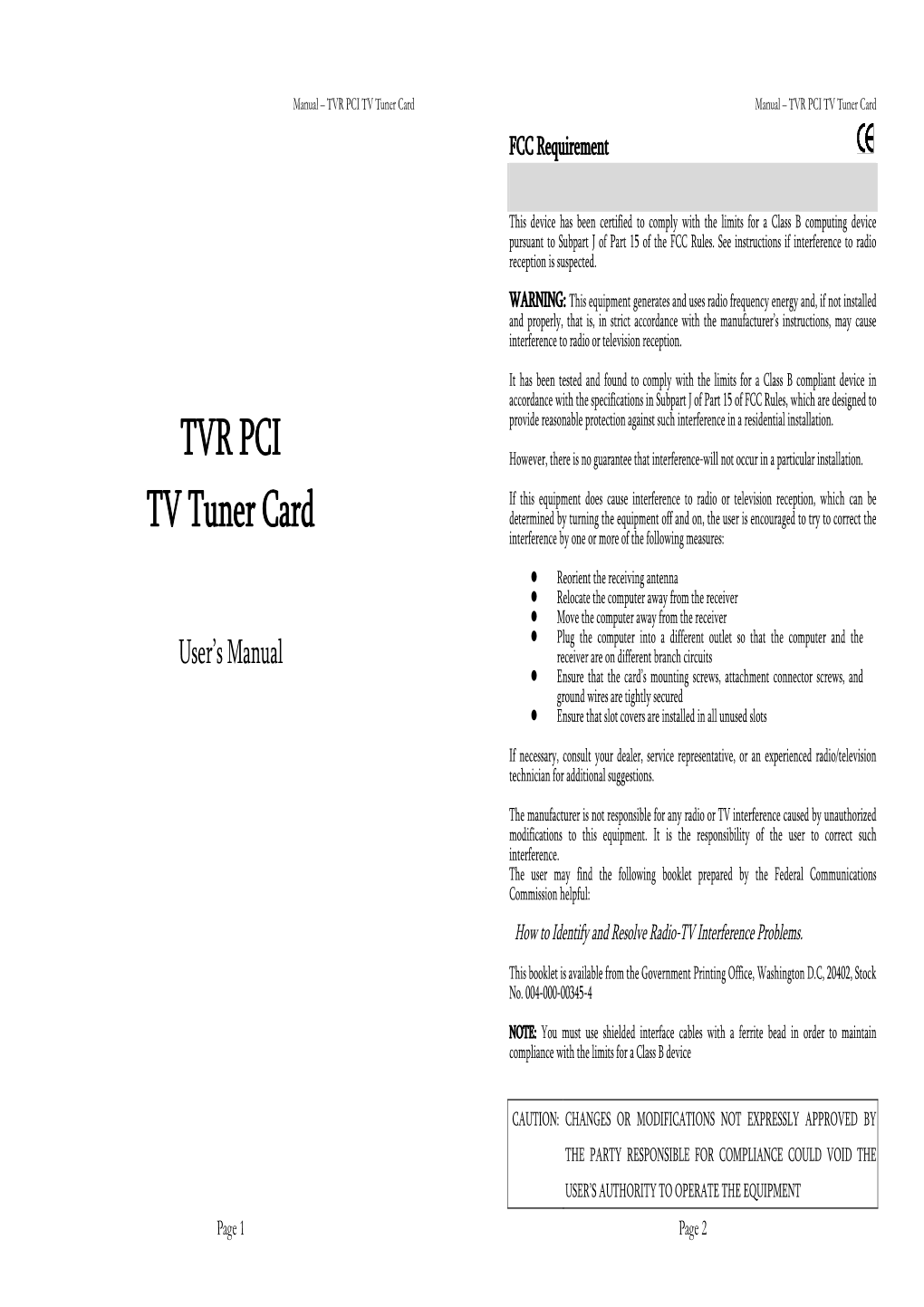 TVR PCI TV Tuner Card Manual – TVR PCI TV Tuner Card