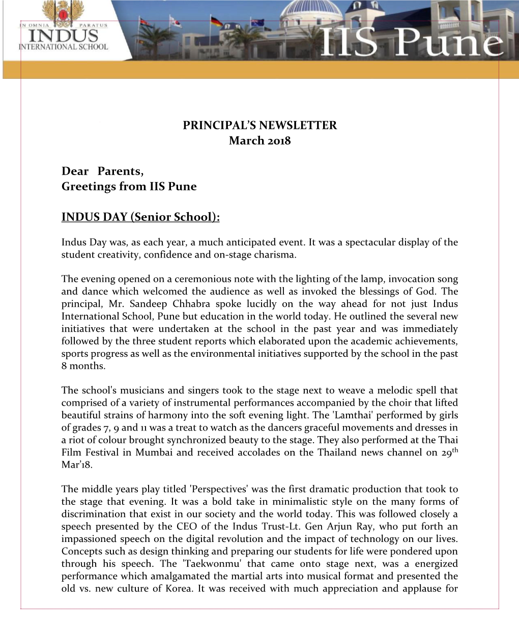 PRINCIPAL's NEWSLETTER March 2018 Dear Parents, Greetings from IIS Pune INDUS DAY (Senior School)