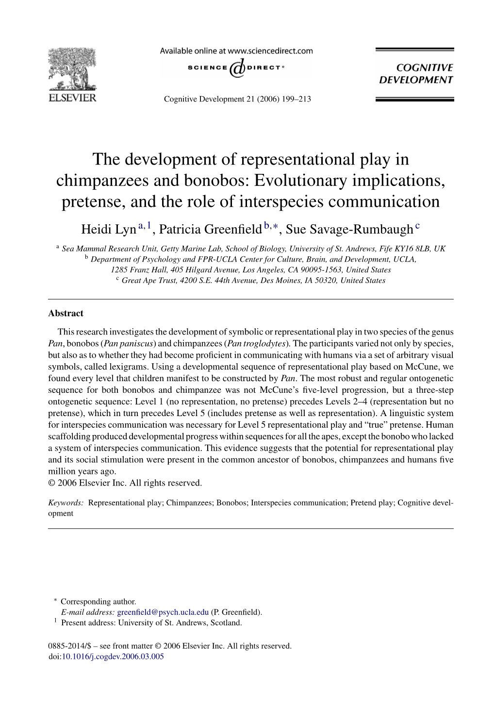 The Development of Representational Play in Chimpanzees