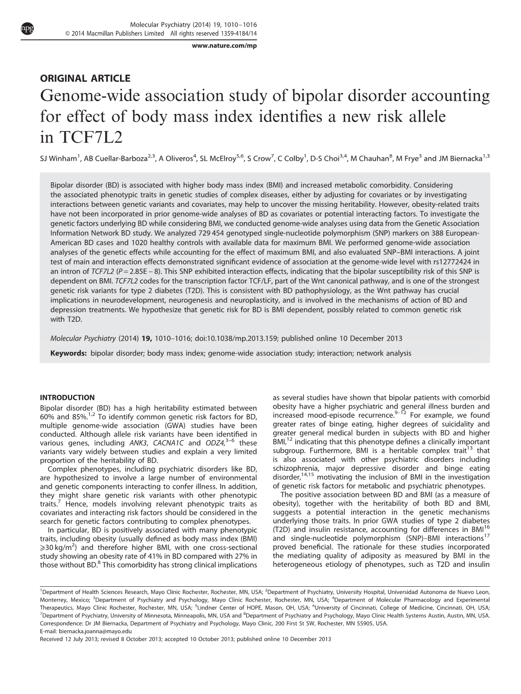 Genome-Wide Association Study of Bipolar Disorder Accounting for Effect of Body Mass Index Identiﬁes a New Risk Allele in TCF7L2