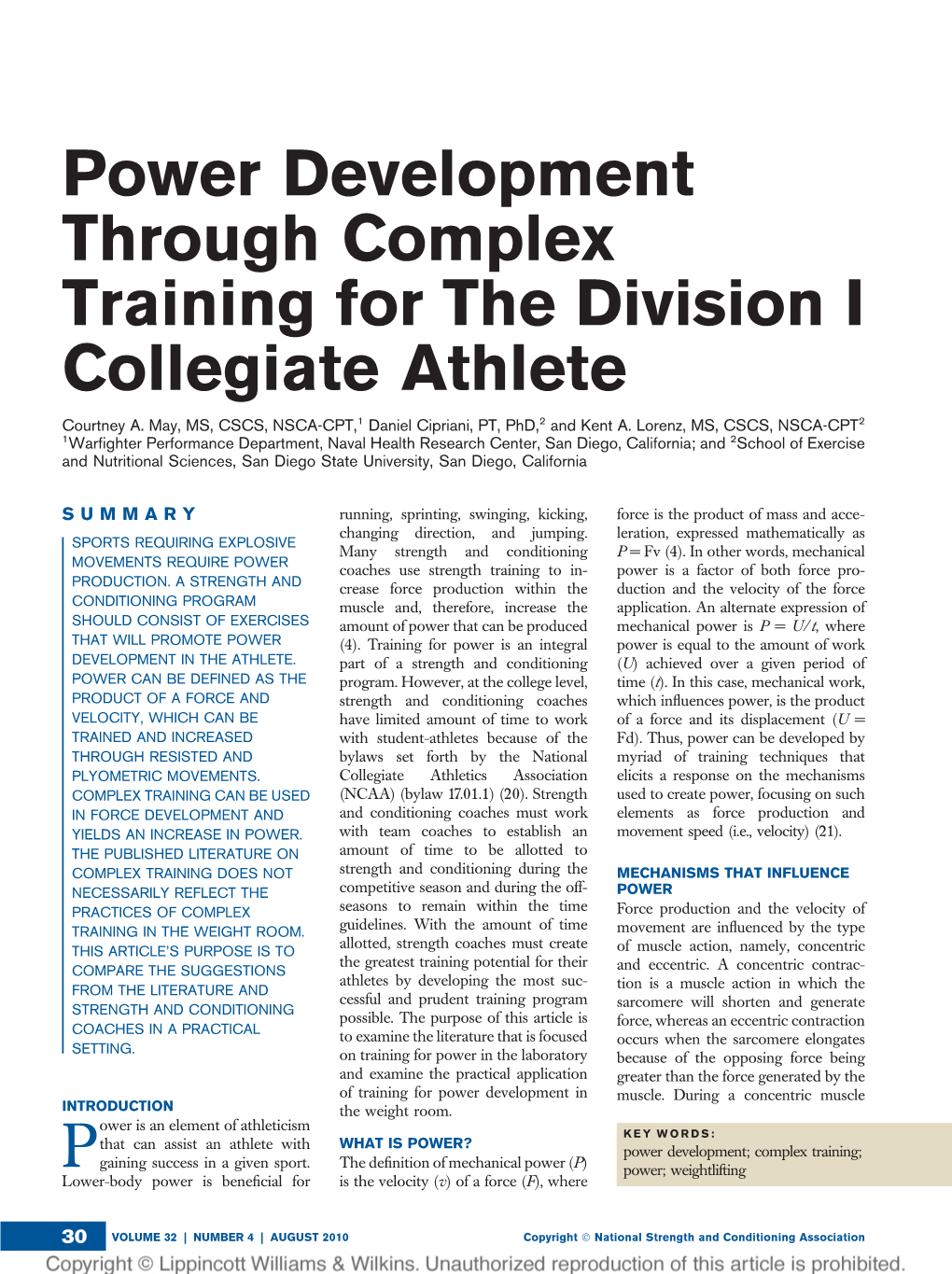 Power Development Through Complex Training for the Division I Collegiate Athlete Courtney A