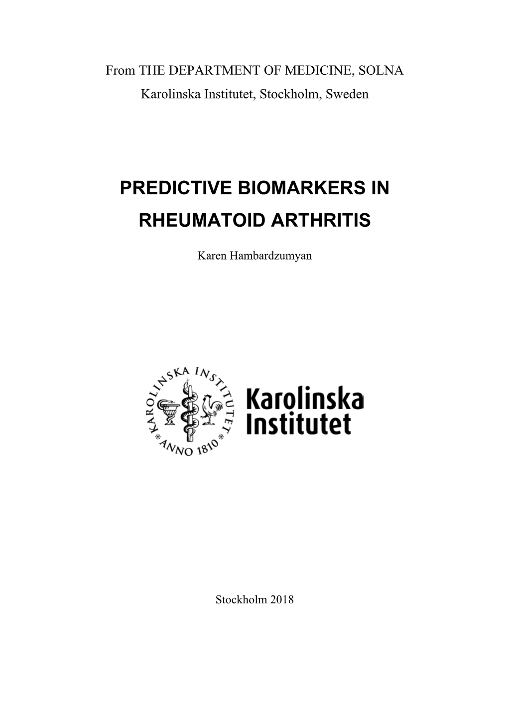 Predictive Biomarkers in Rheumatoid Arthritis