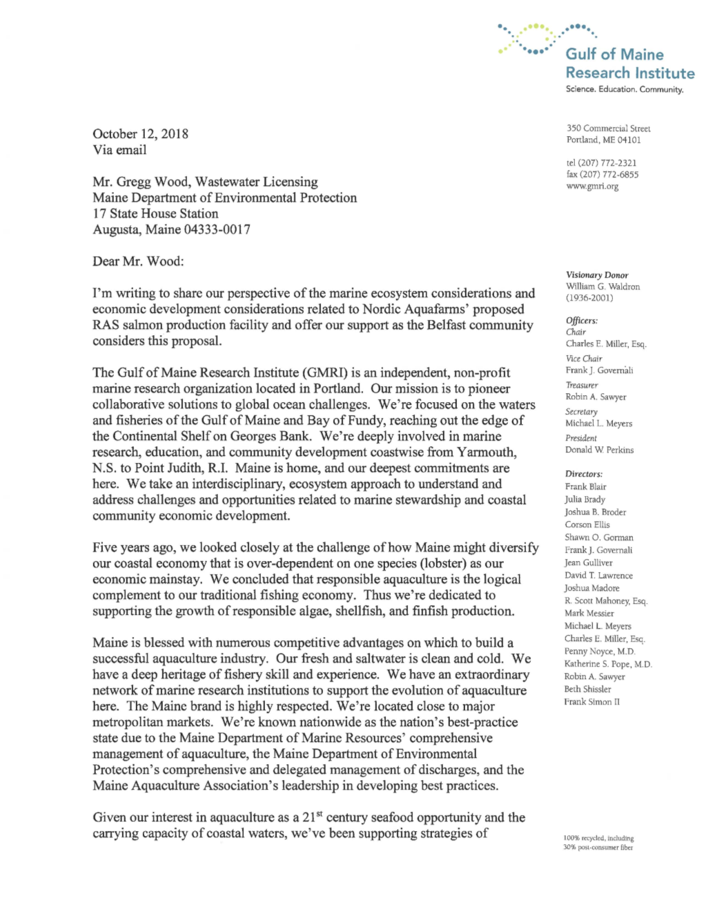 Gulf of Maine Research Institute Letter in Support of Permit