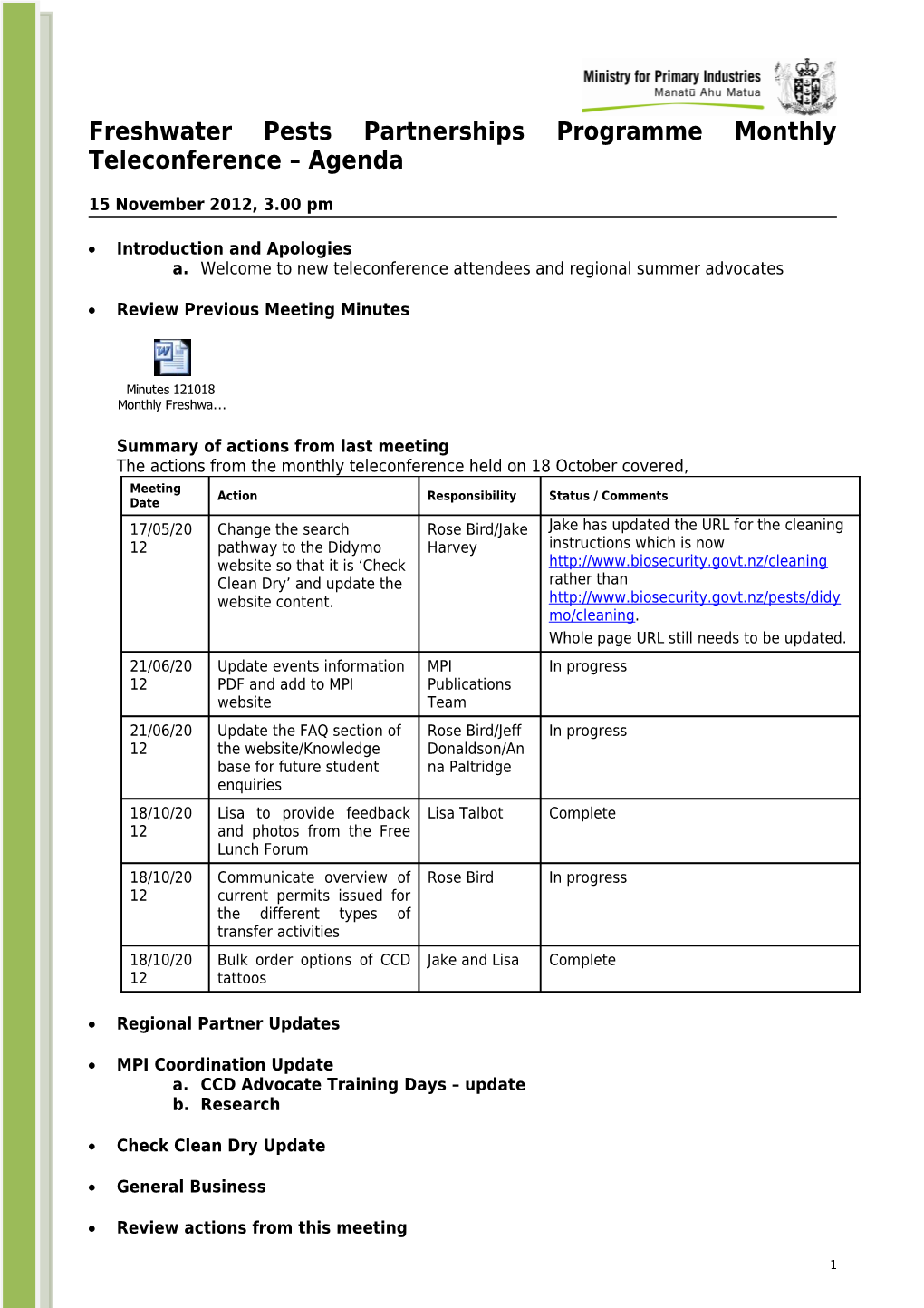 Freshwater Pests Partnerships Programme Monthly Teleconference Agenda