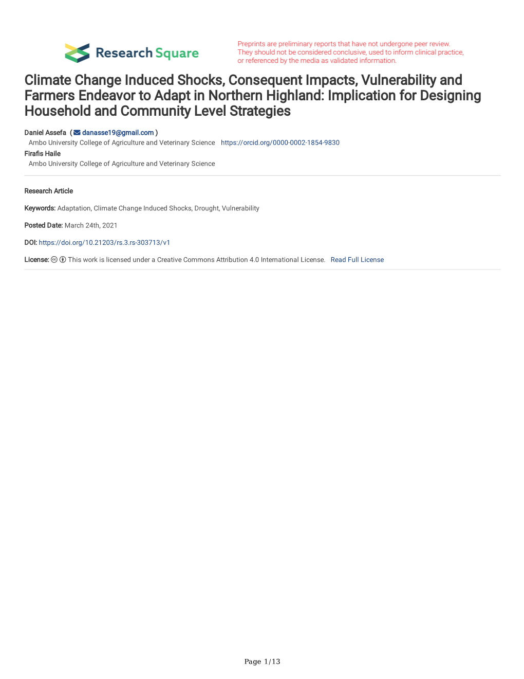 Climate Change Induced Shocks, Consequent Impacts, Vulnerability and Farmers Endeavor to Adapt in Northern Highland