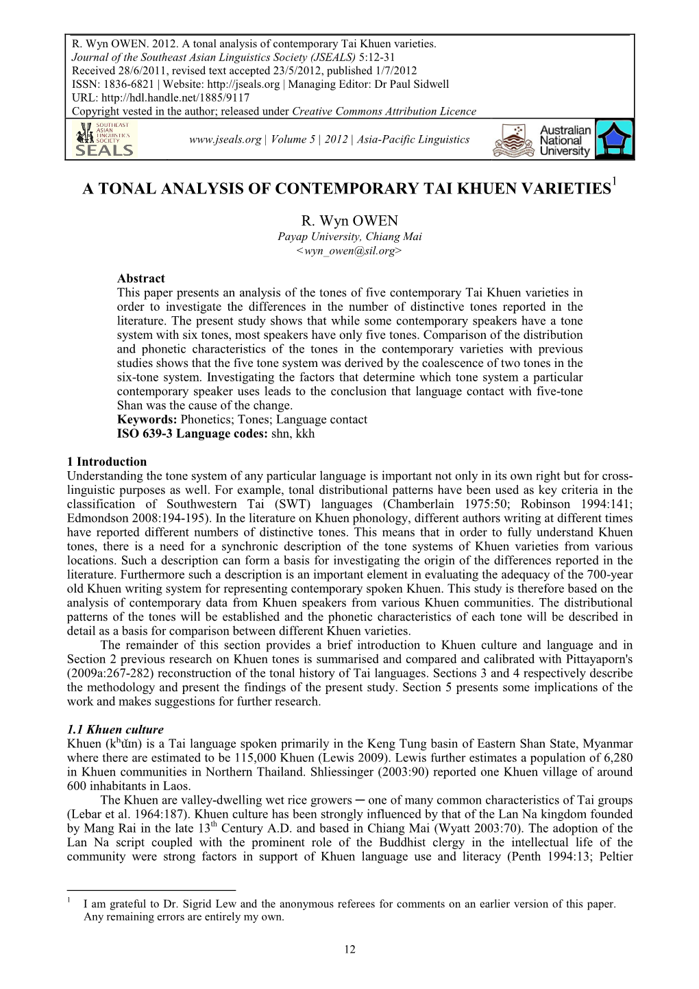 A Tonal Analysis of Contemporary Tai Khuen Varieties