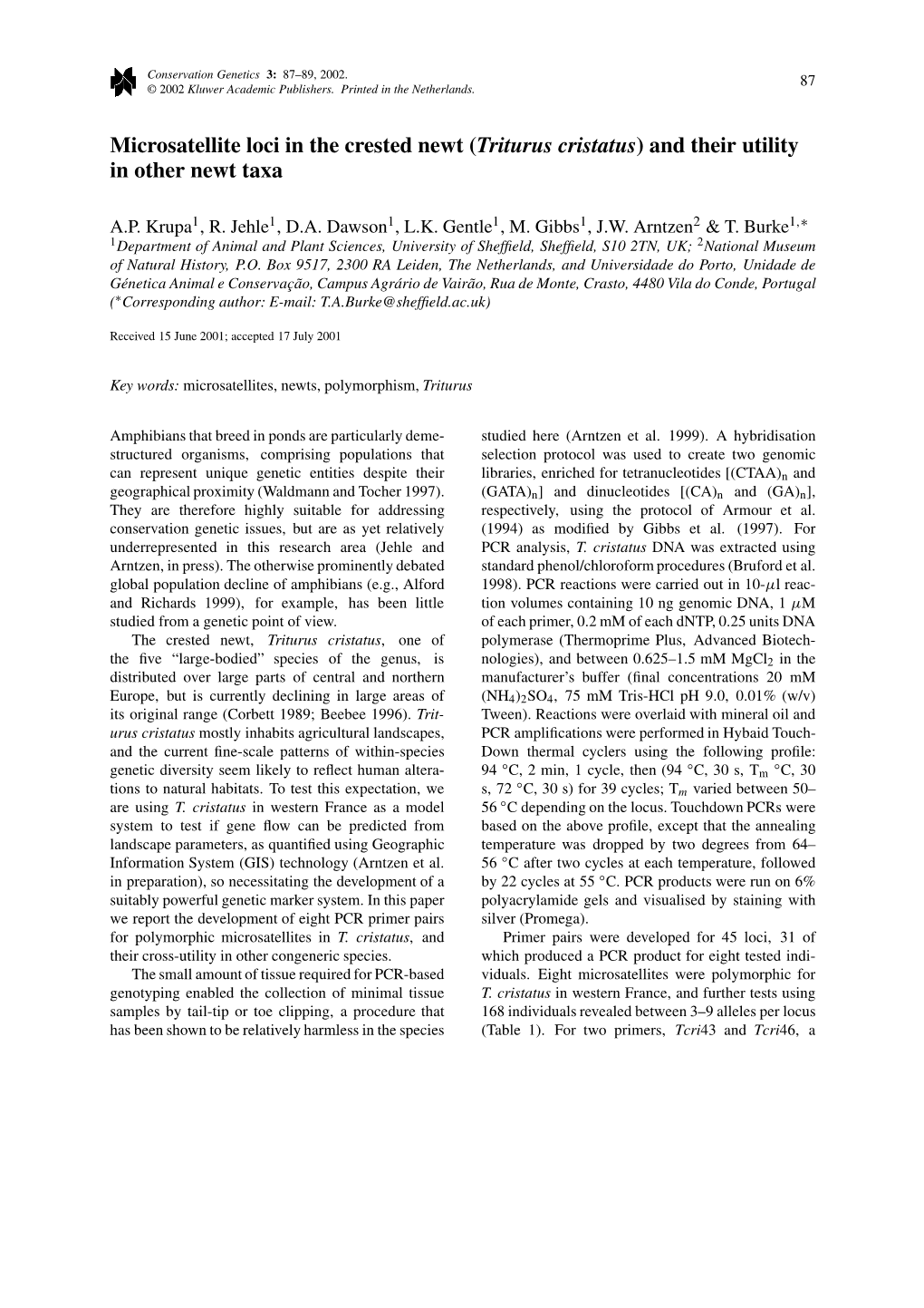 Microsatellite Loci in the Crested Newt (Triturus Cristatus) and Their Utility in Other Newt Taxa