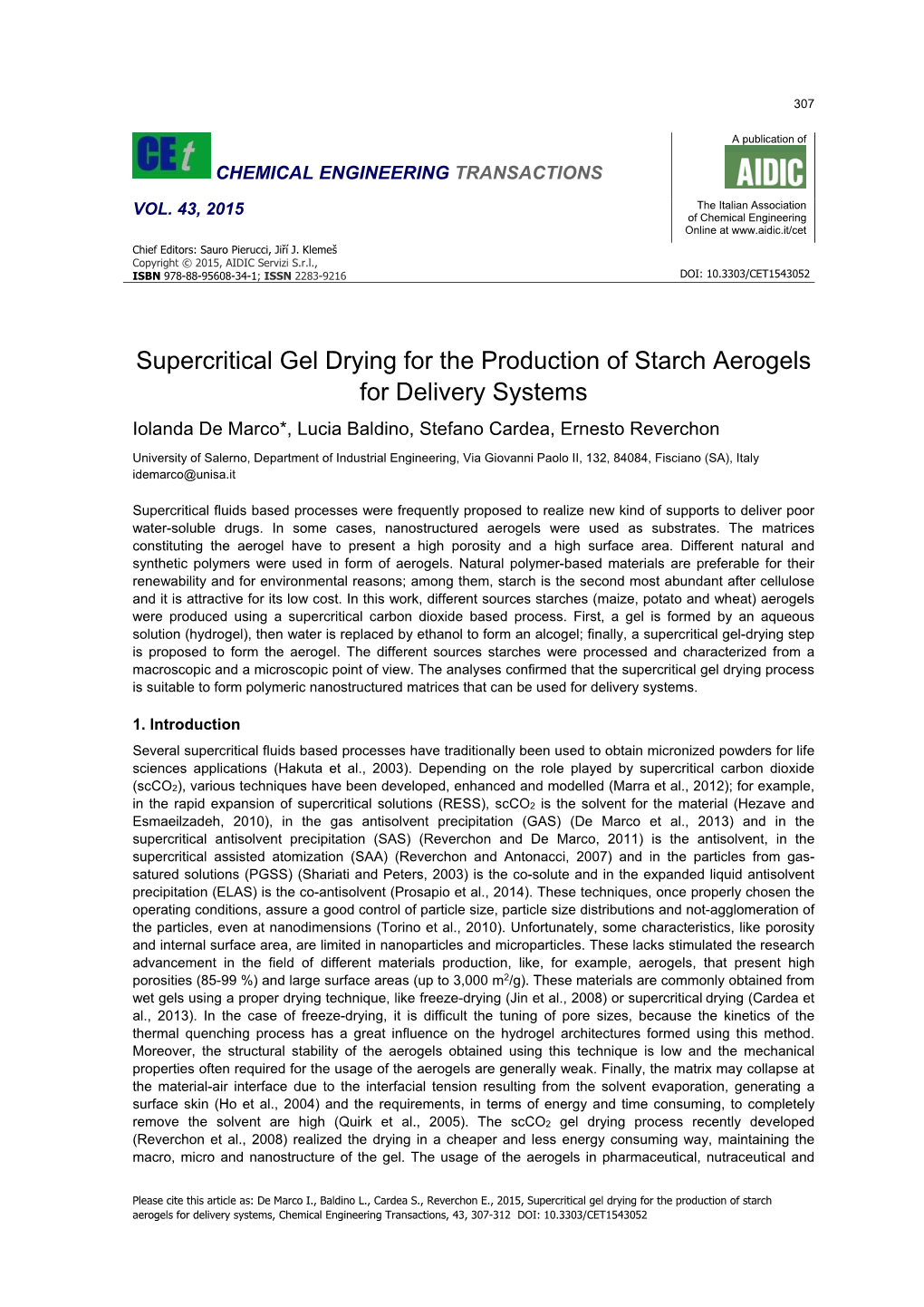 Supercritical Gel Drying for the Production of Starch Aerogels for Delivery Systems