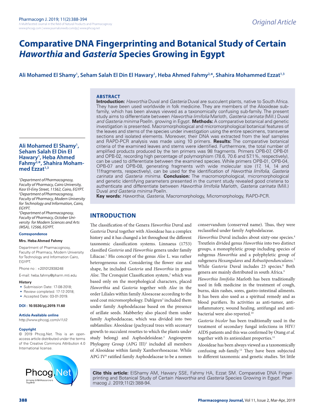 Comparative DNA Fingerprinting and Botanical Study of Certain Haworthia and Gasteria Species Growing in Egypt