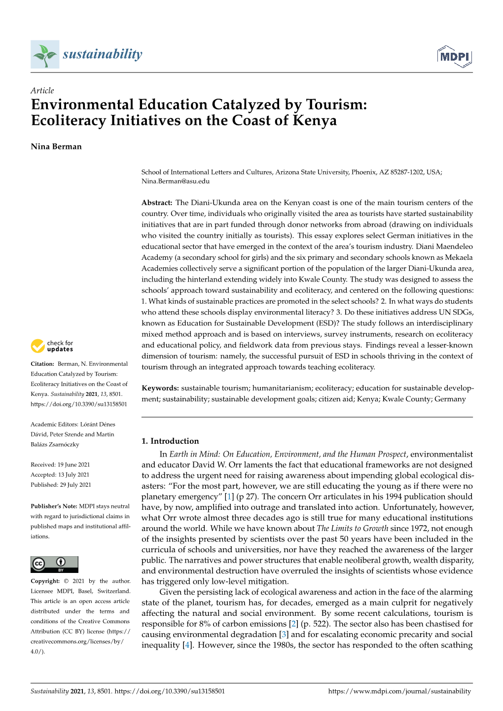 Environmental Education Catalyzed by Tourism: Ecoliteracy Initiatives on the Coast of Kenya