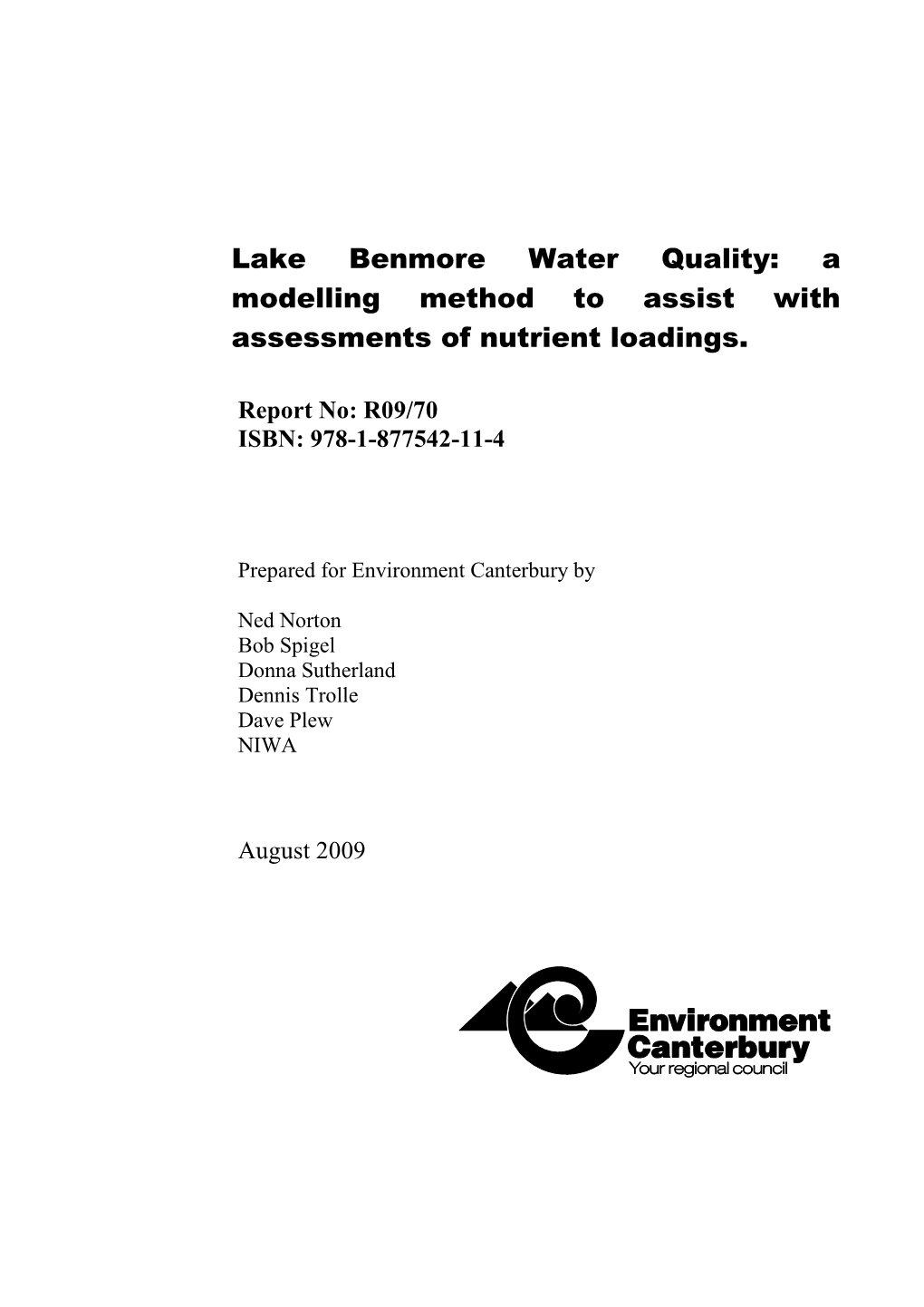 Lake Benmore Water Quality: a Modelling Method to Assist with Assessments of Nutrient Loadings