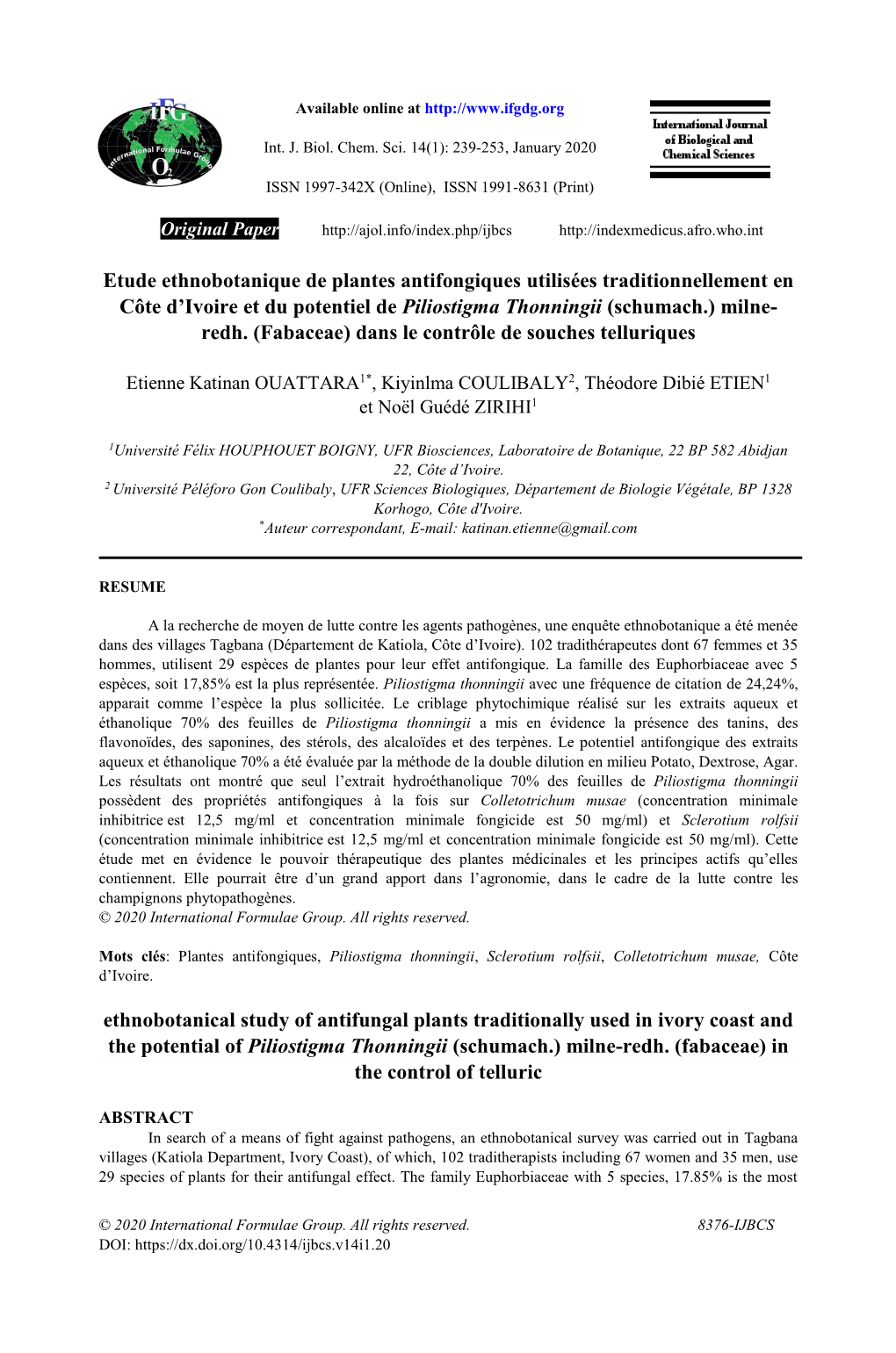 Etude Ethnobotanique De Plantes Antifongiques Utilisées Traditionnellement En Côte D'ivoire Et Du Potentiel De Piliostigma T