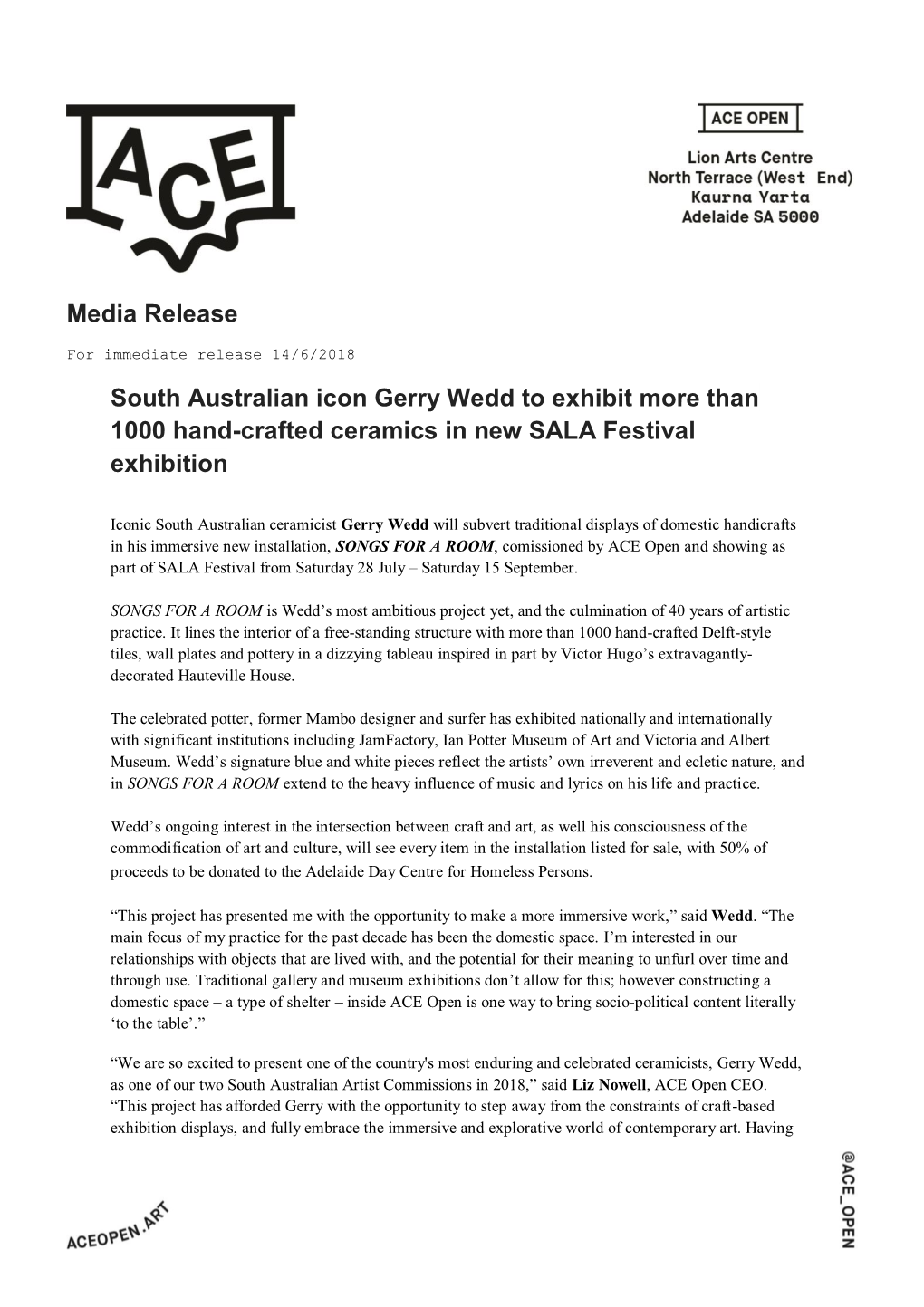 Media Release South Australian Icon Gerry Wedd to Exhibit More Than