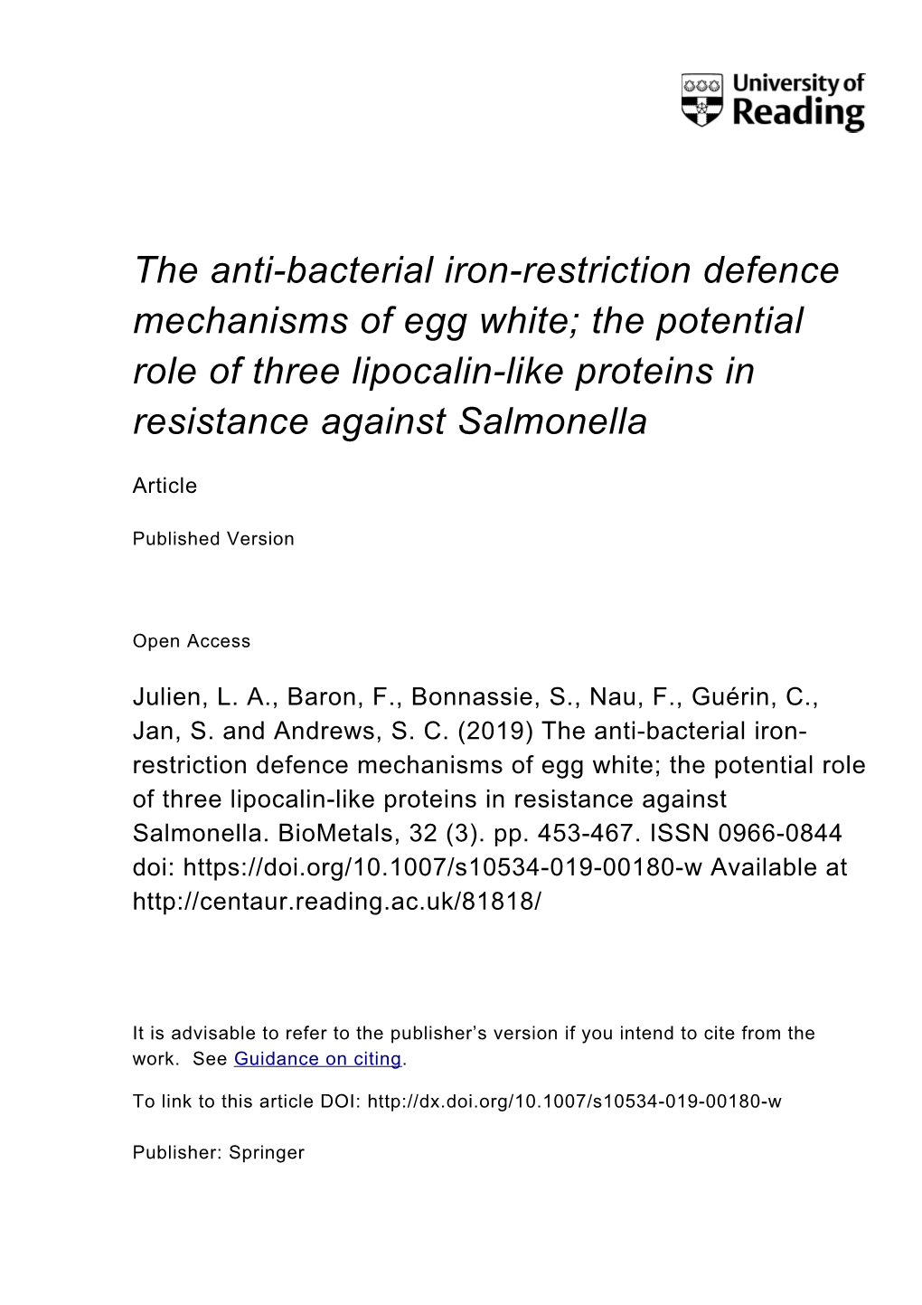 The Anti-Bacterial Iron-Restriction Defence Mechanisms of Egg White; the Potential Role of Three Lipocalin-Like Proteins in Resistance Against Salmonella