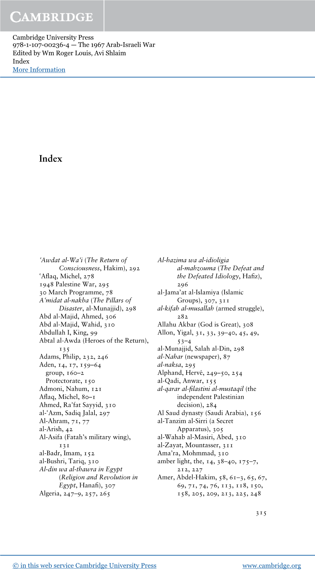 Cambridge University Press 978-1-107-00236-4 — the 1967 Arab-Israeli War Edited by Wm Roger Louis, Avi Shlaim Index More Information