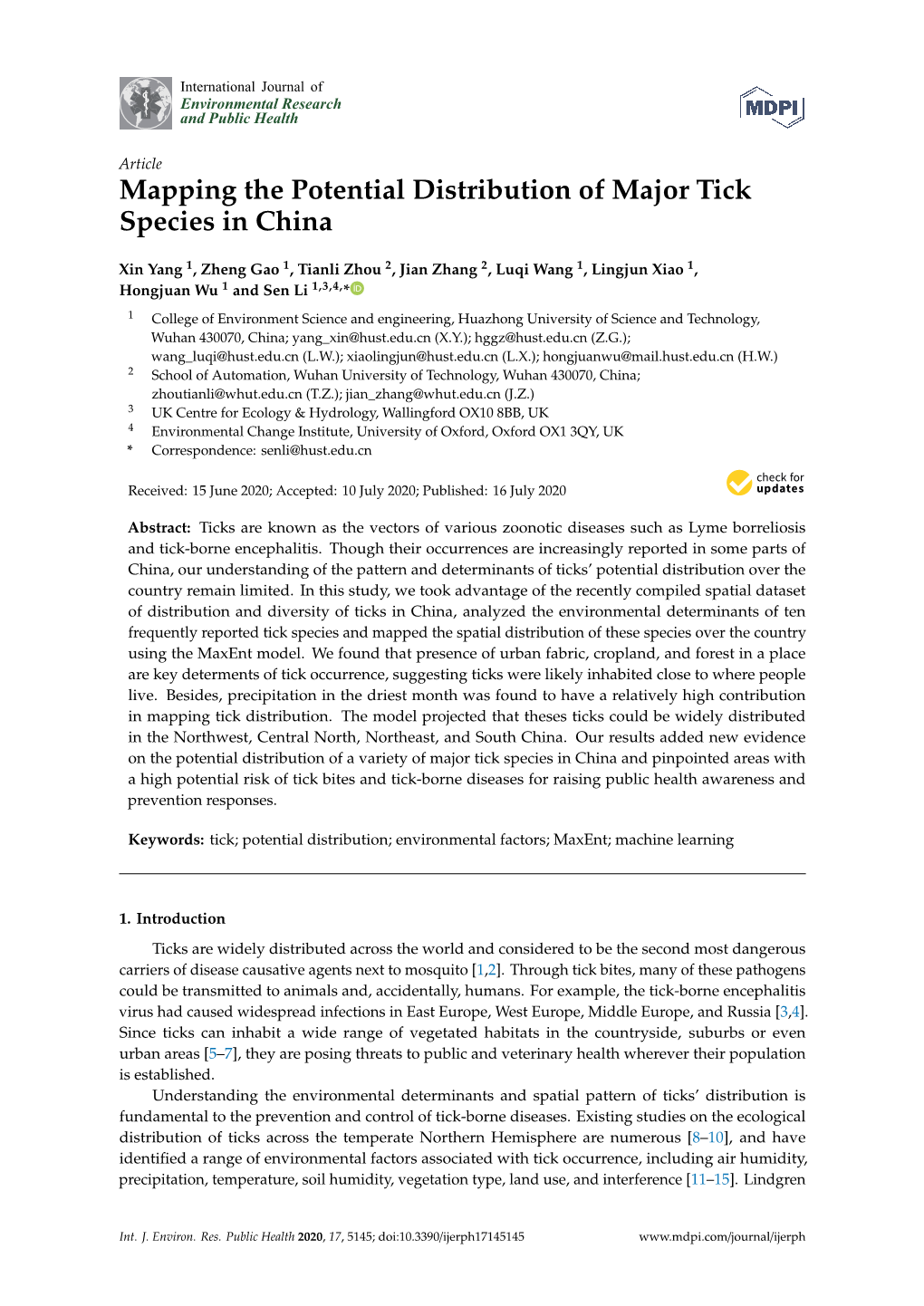 Mapping the Potential Distribution of Major Tick Species in China