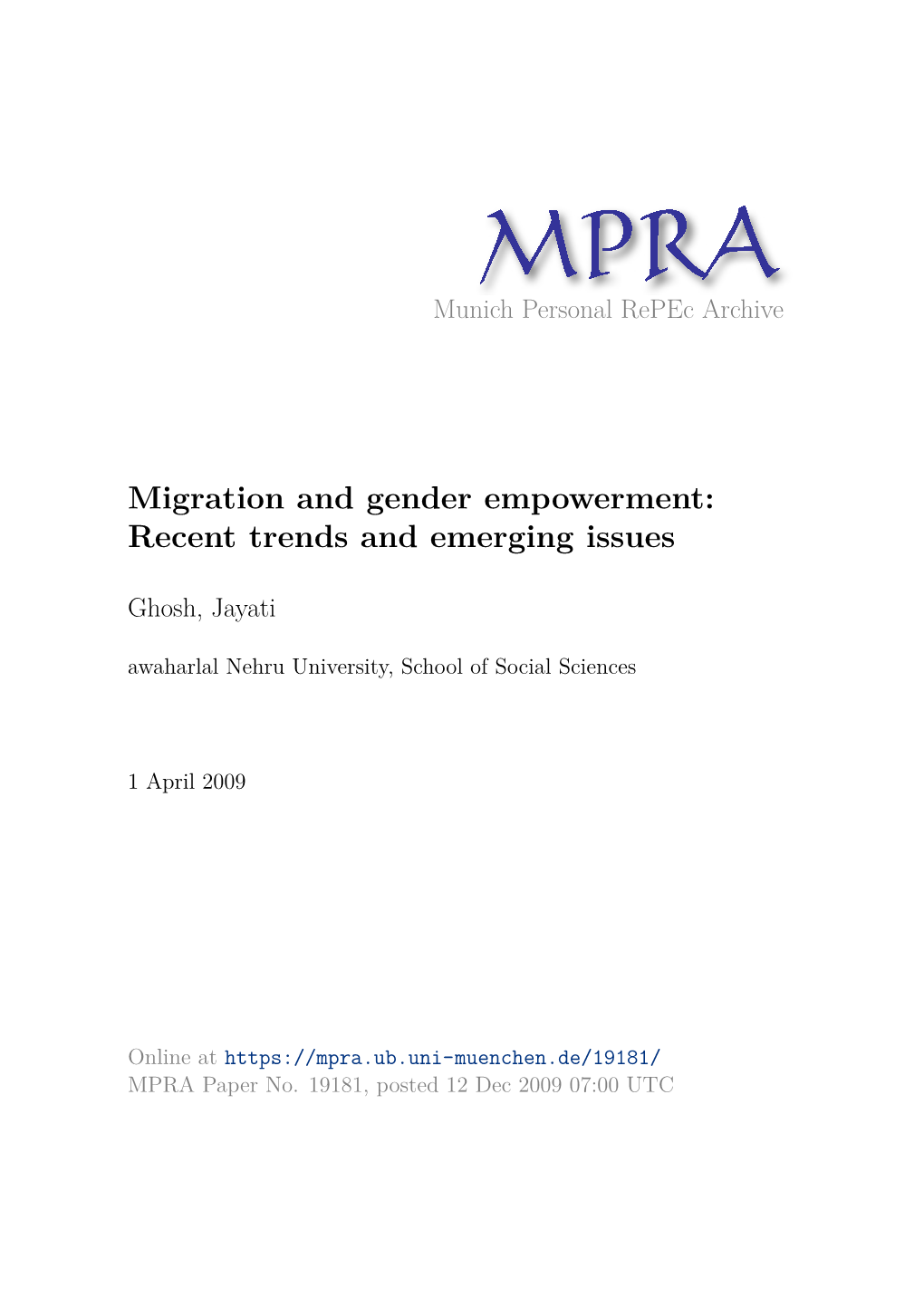 Migration and Gender Empowerment: Recent Trends and Emerging Issues