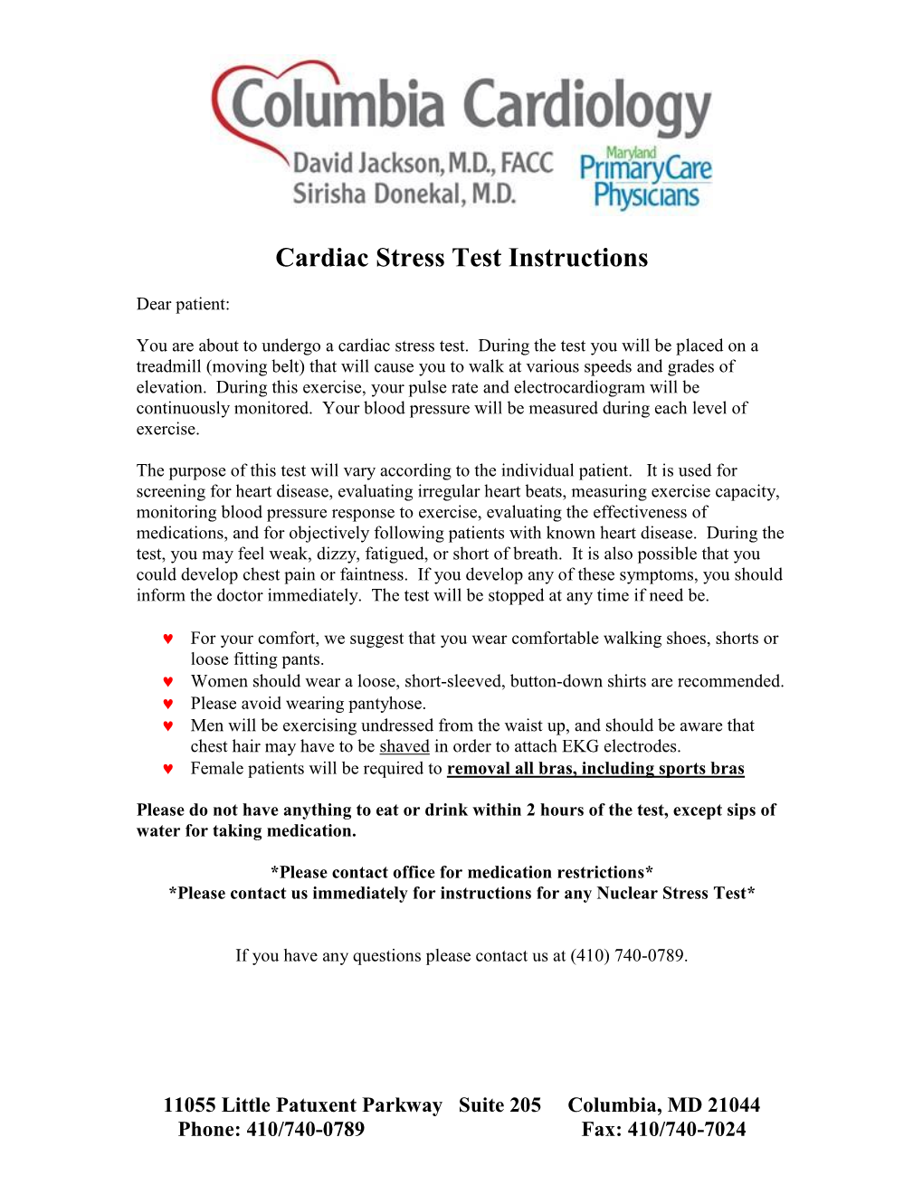 Cardiac Stress Test Instructions and Patient Authorization Form