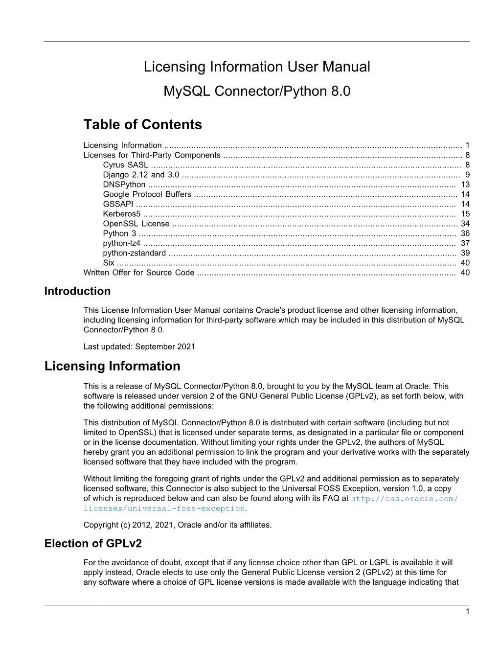 Mysql Connector/Python 8.0 Community License Information User