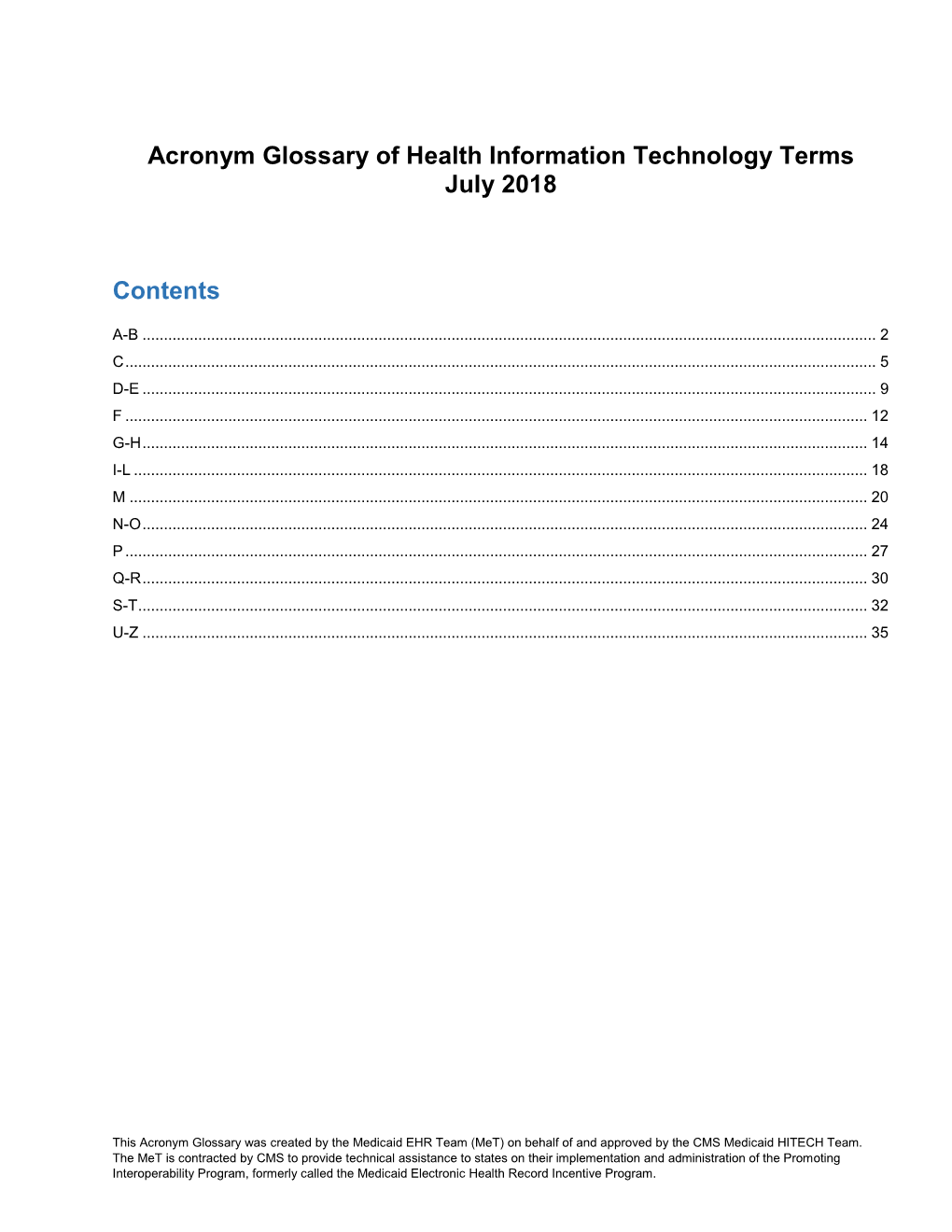 Acronym Glossary of Health Information Technology Terms July 2018