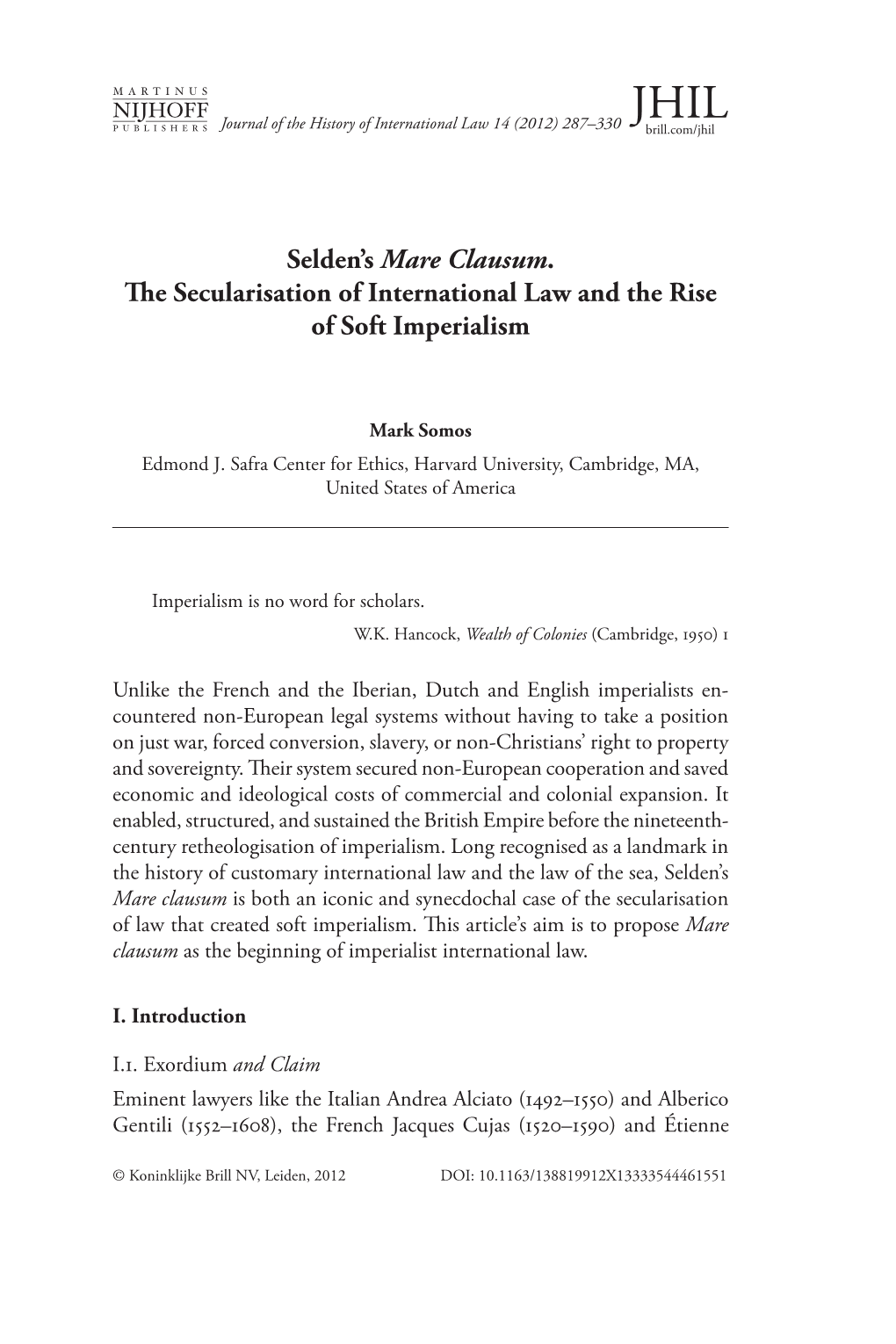 Selden's Mare Clausum. the Secularisation of International Law
