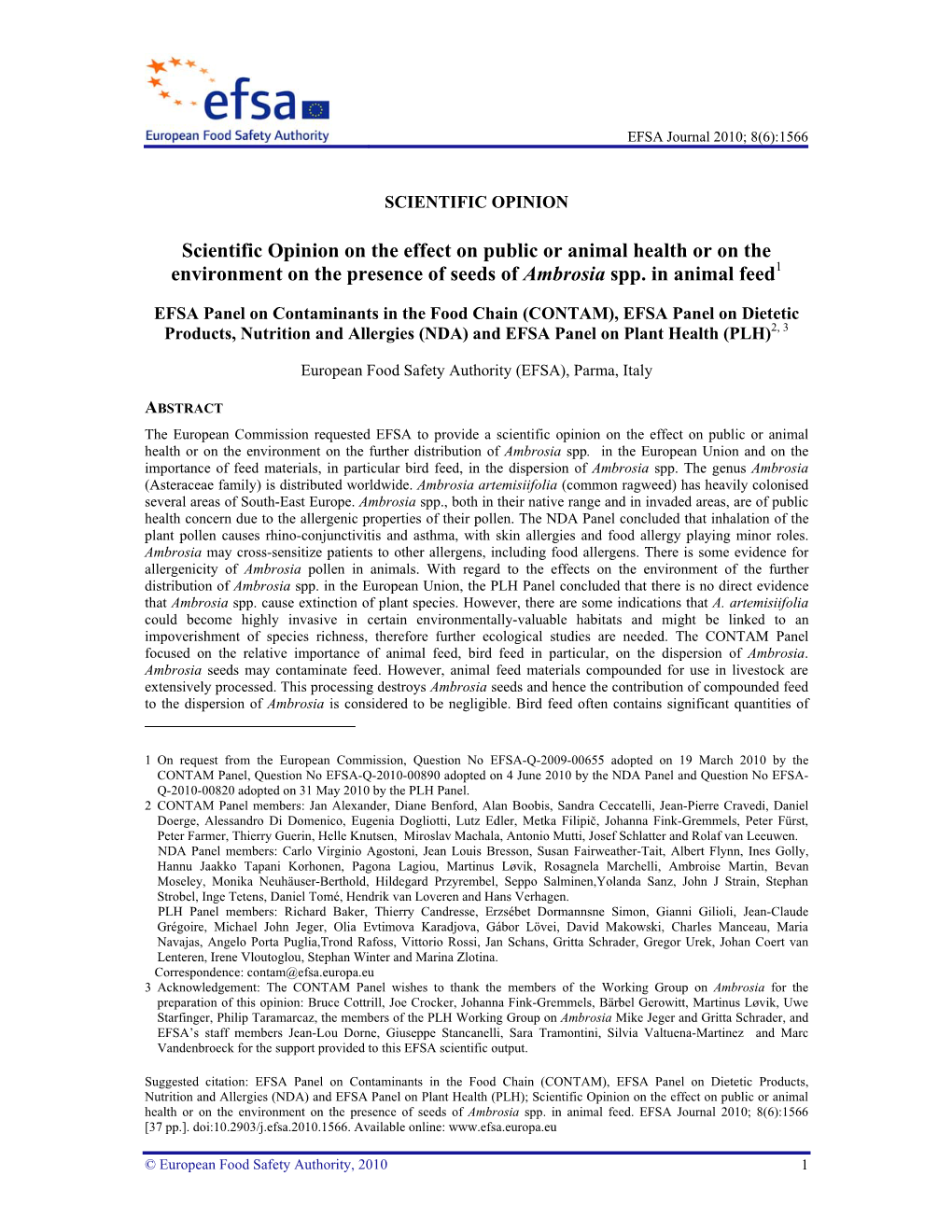 Scientific Opinion on the Effect on Public Or Animal Health Or on the Environment on the Presence of Seeds of Ambrosia Spp