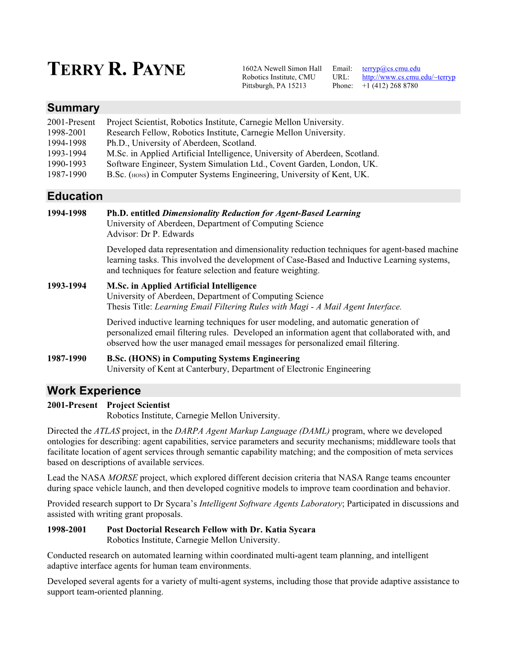 Resume for Terry R Payne