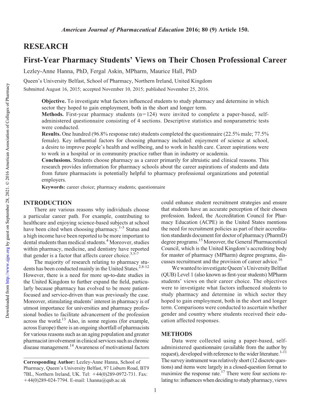 First-Year Pharmacy Students' Views on Their Chosen Professional Career