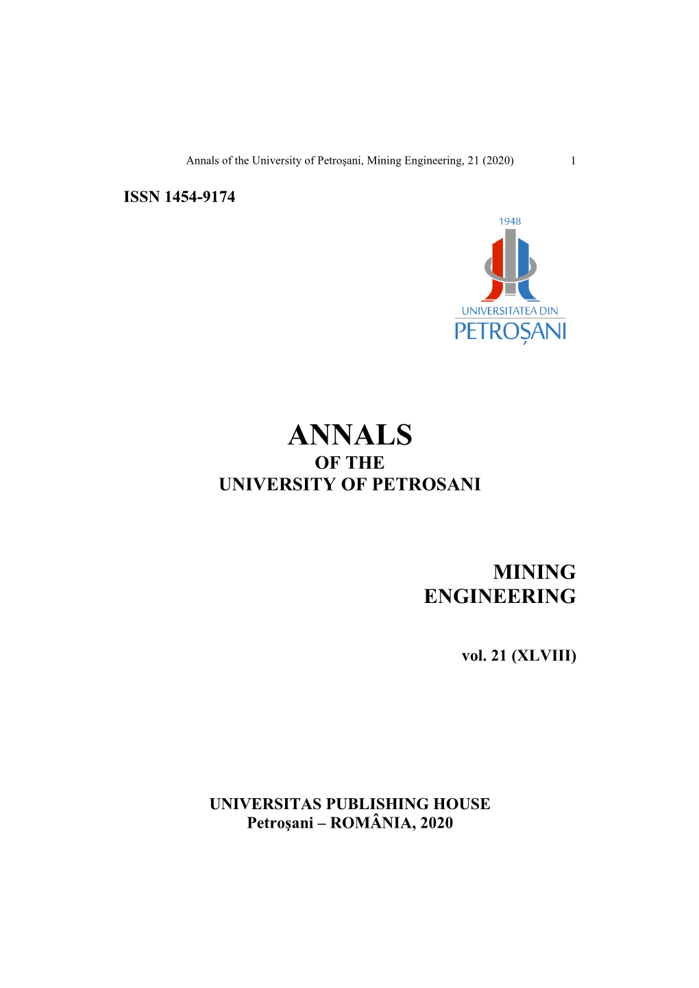 Annals of the University of Petroşani, Mining Engineering, 21 (2020) 1