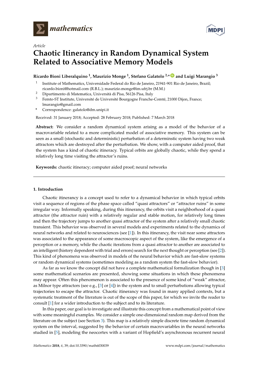 Chaotic Itinerancy in Random Dynamical System Related to Associative Memory Models