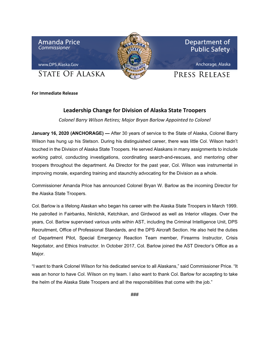 Leadership Change for Division of Alaska State Troopers Colonel Barry Wilson Retires; Major Bryan Barlow Appointed to Colonel