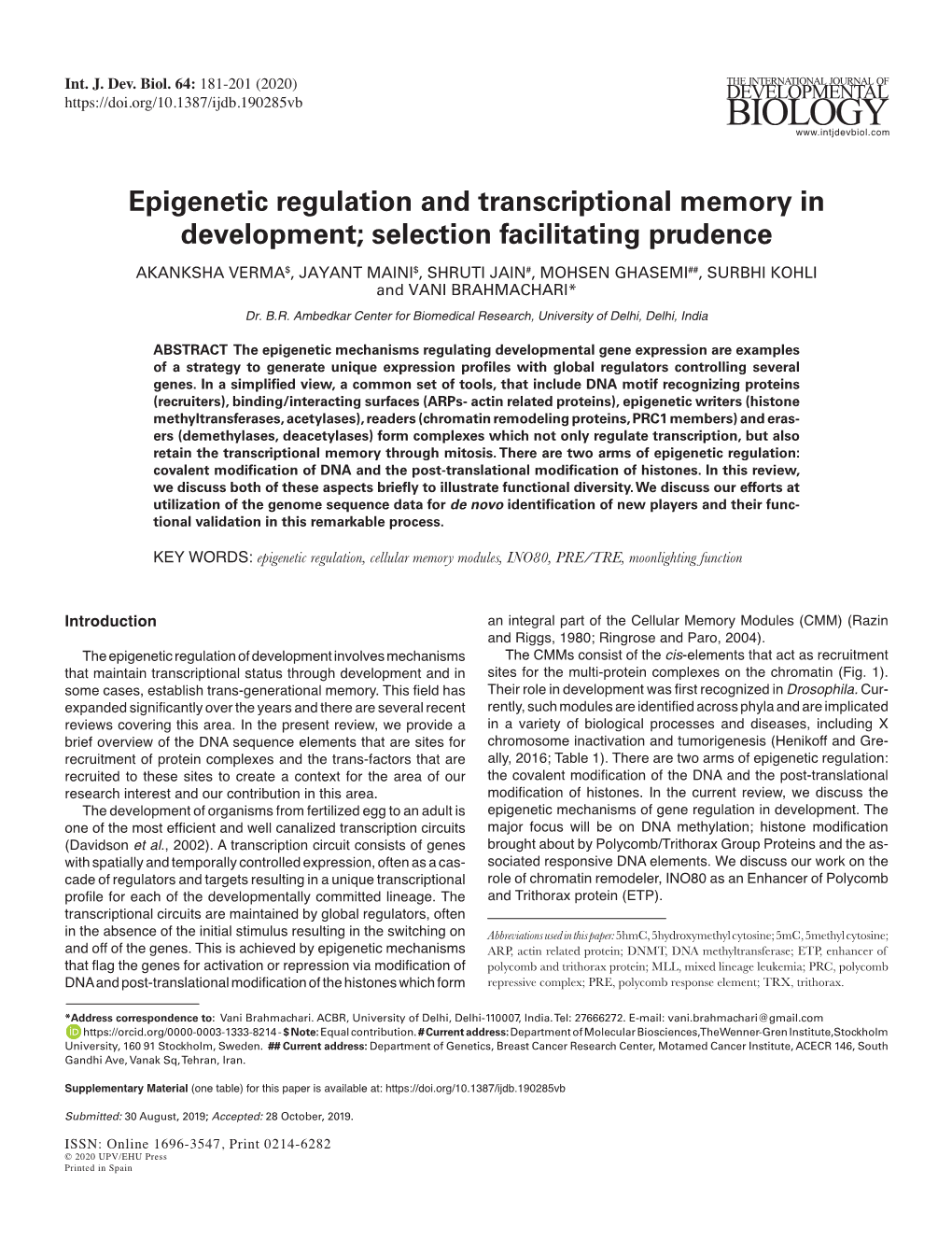 Epigenetic Regulation and Transcriptional Memory In
