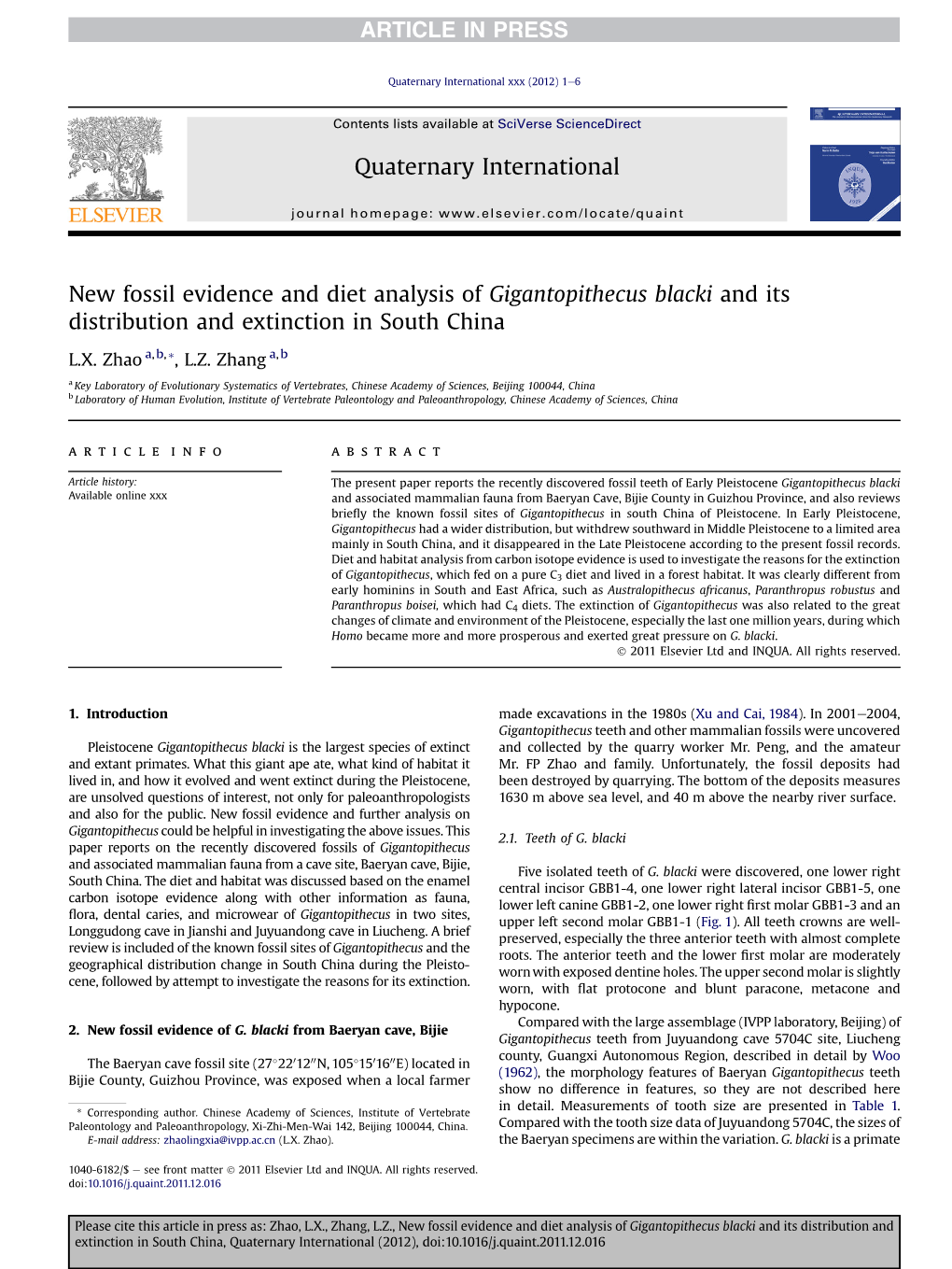 New Fossil Evidence and Diet Analysis of Gigantopithecus Blacki and Its Distribution and Extinction in South China